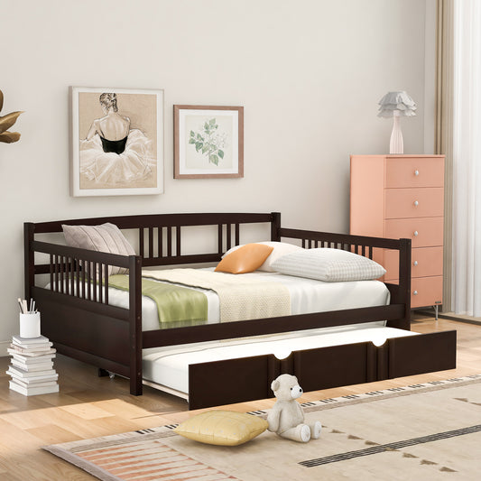Dark brown wooden daybed with pullout trundle featuring slatted sides and modern design