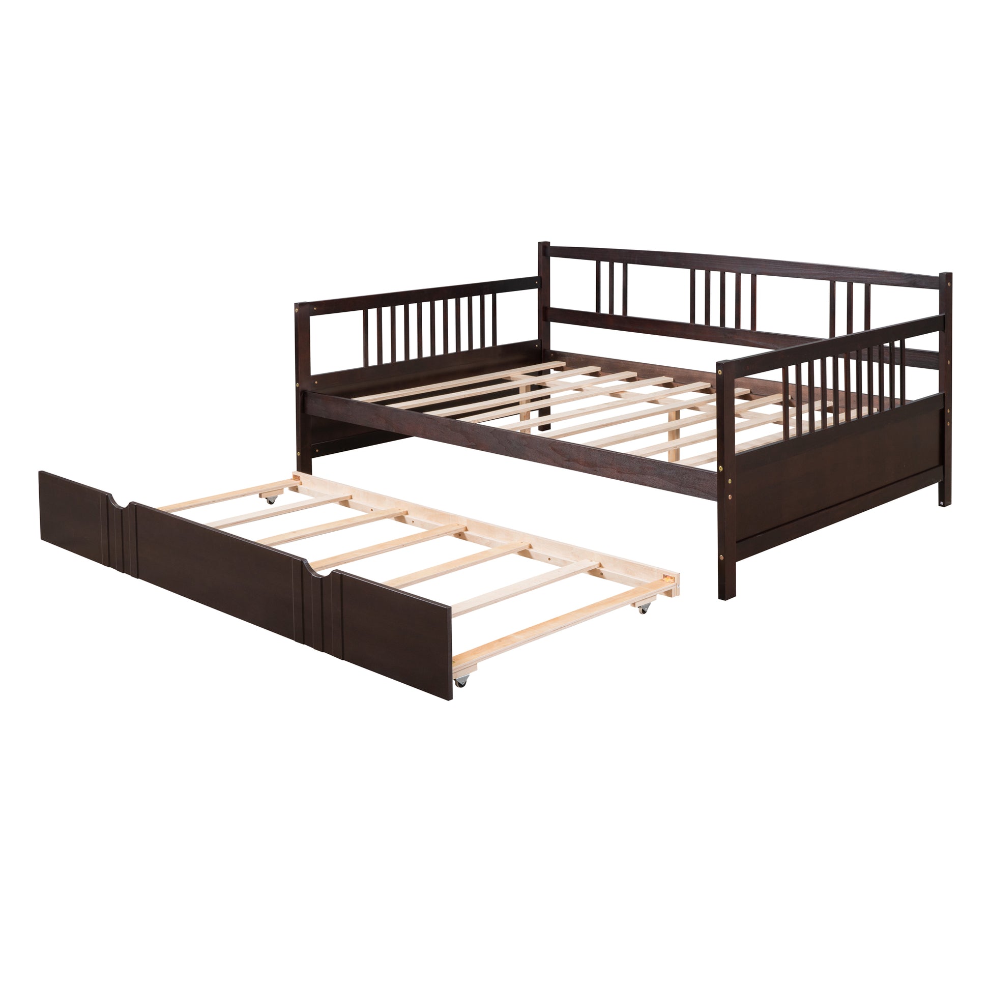 Dark brown wooden daybed with pullout trundle bed slatted wood support