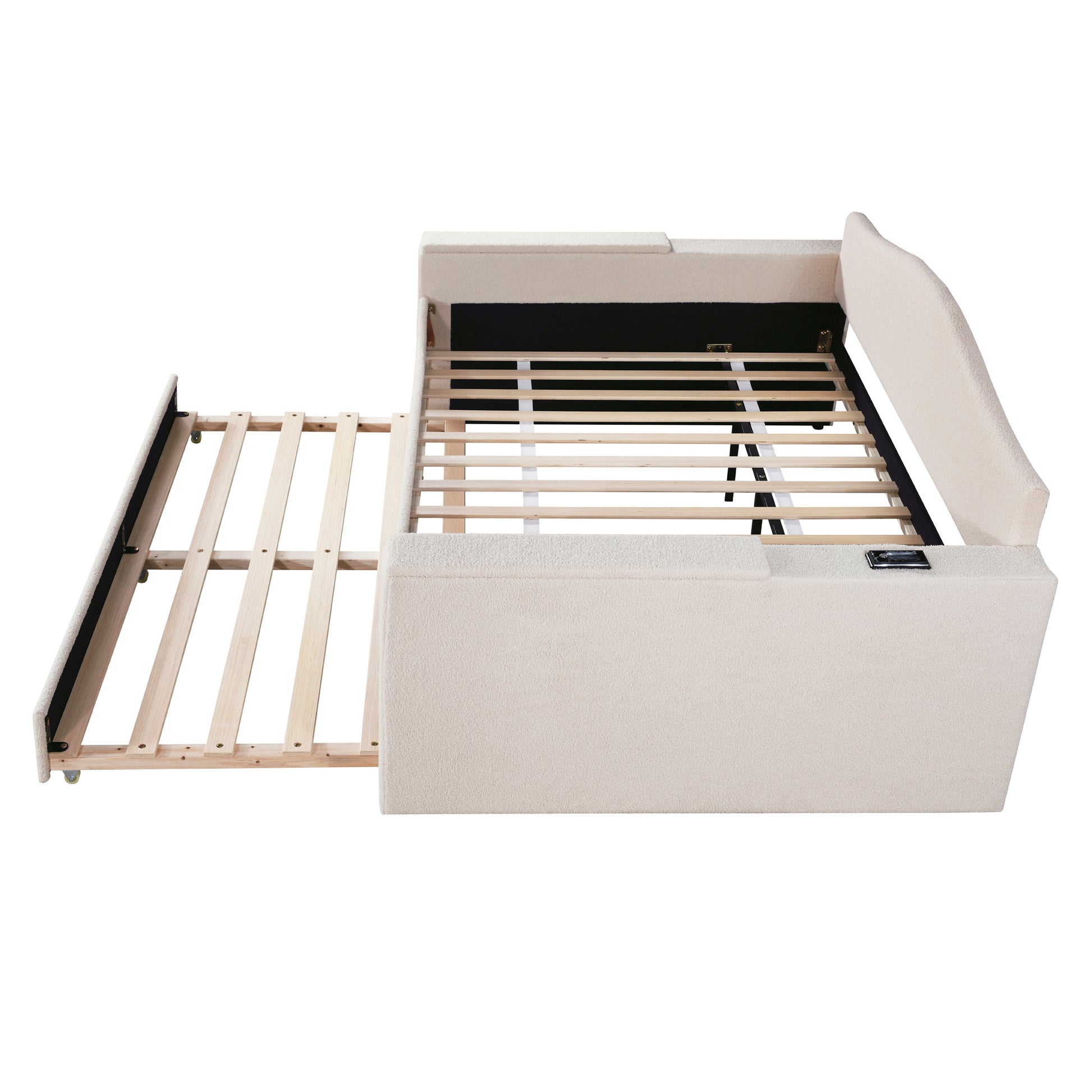 Cream boucle pullout sofa bed with wooden slats extended for sleeping