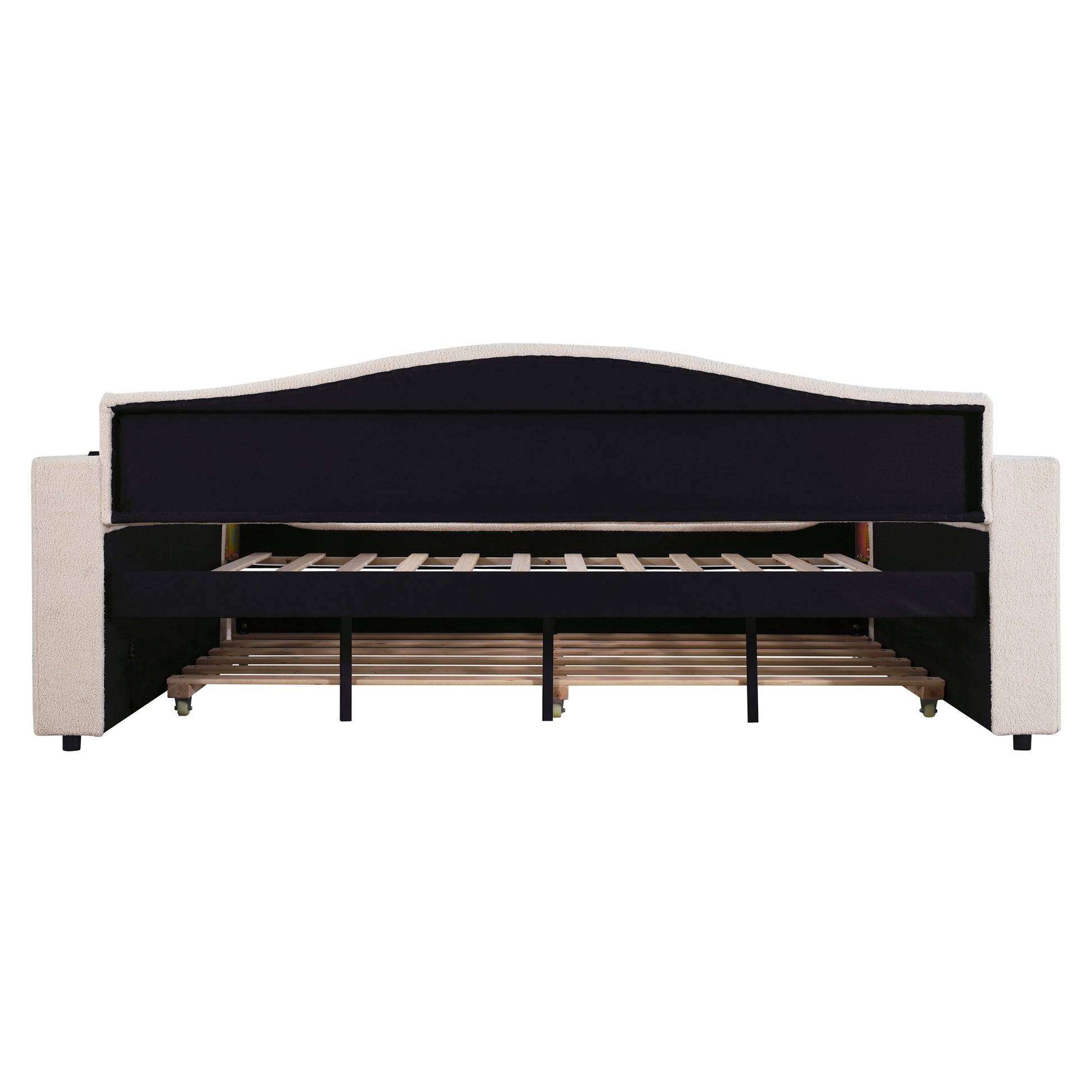 Beige boucle sofa bed with exposed wooden slats