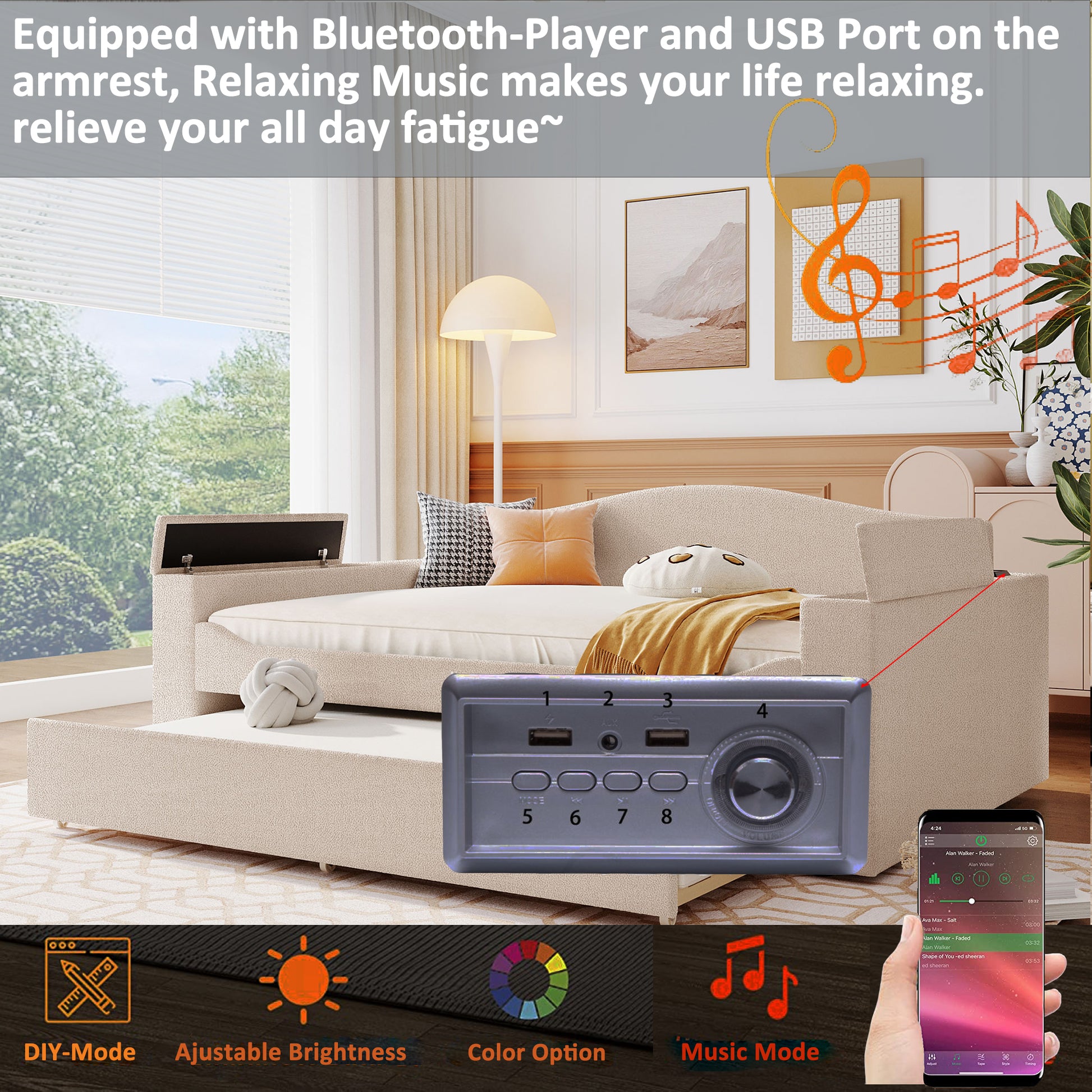 Beige upholstered daybed with builtin storage and integrated Bluetooth speaker panel