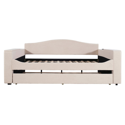 Cream boucle sofa bed with curved back