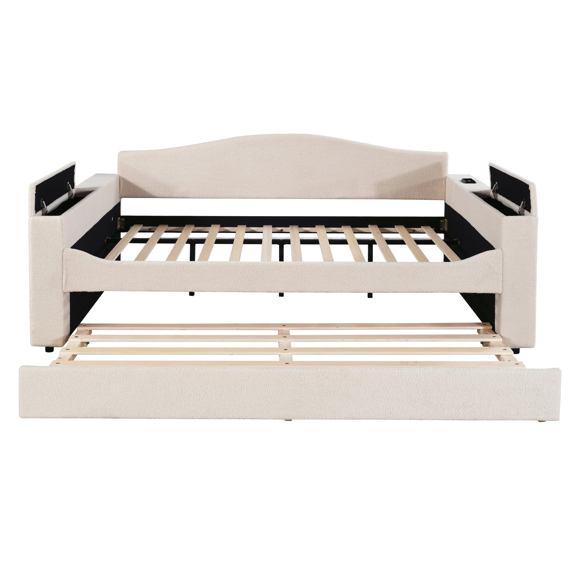 Cream upholstered daybed with pullout trundle and storage compartments