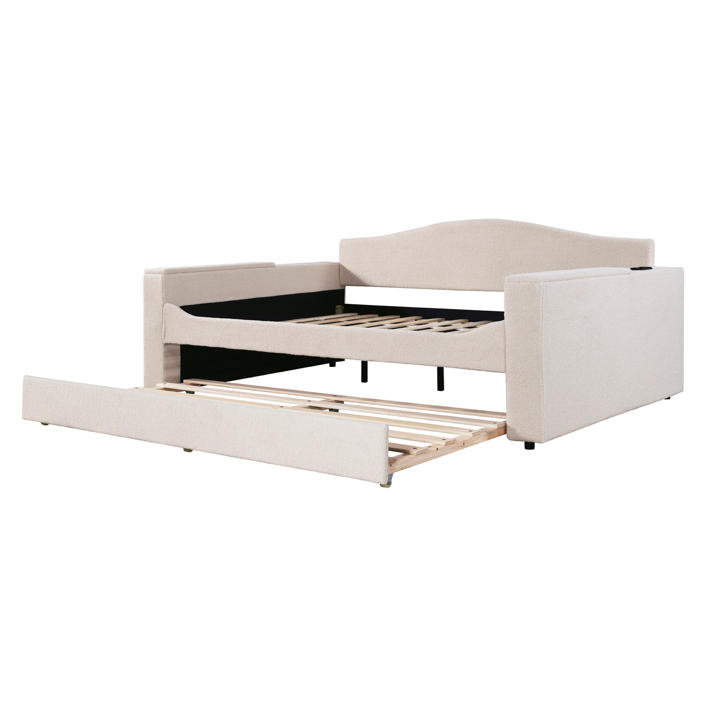 Cream upholstered daybed with pullout trundle bed frame