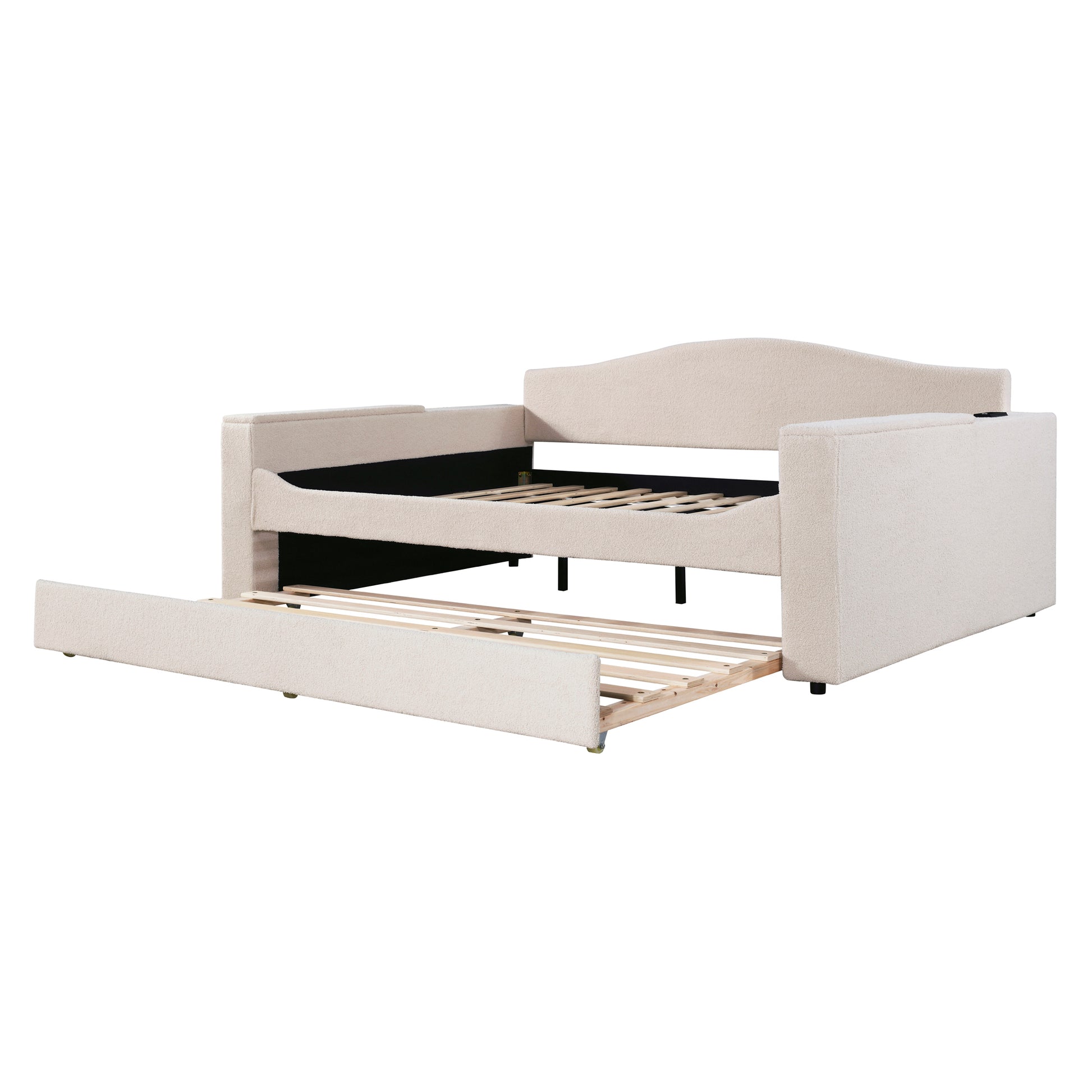 Cream upholstered daybed with pullout trundle bed frame