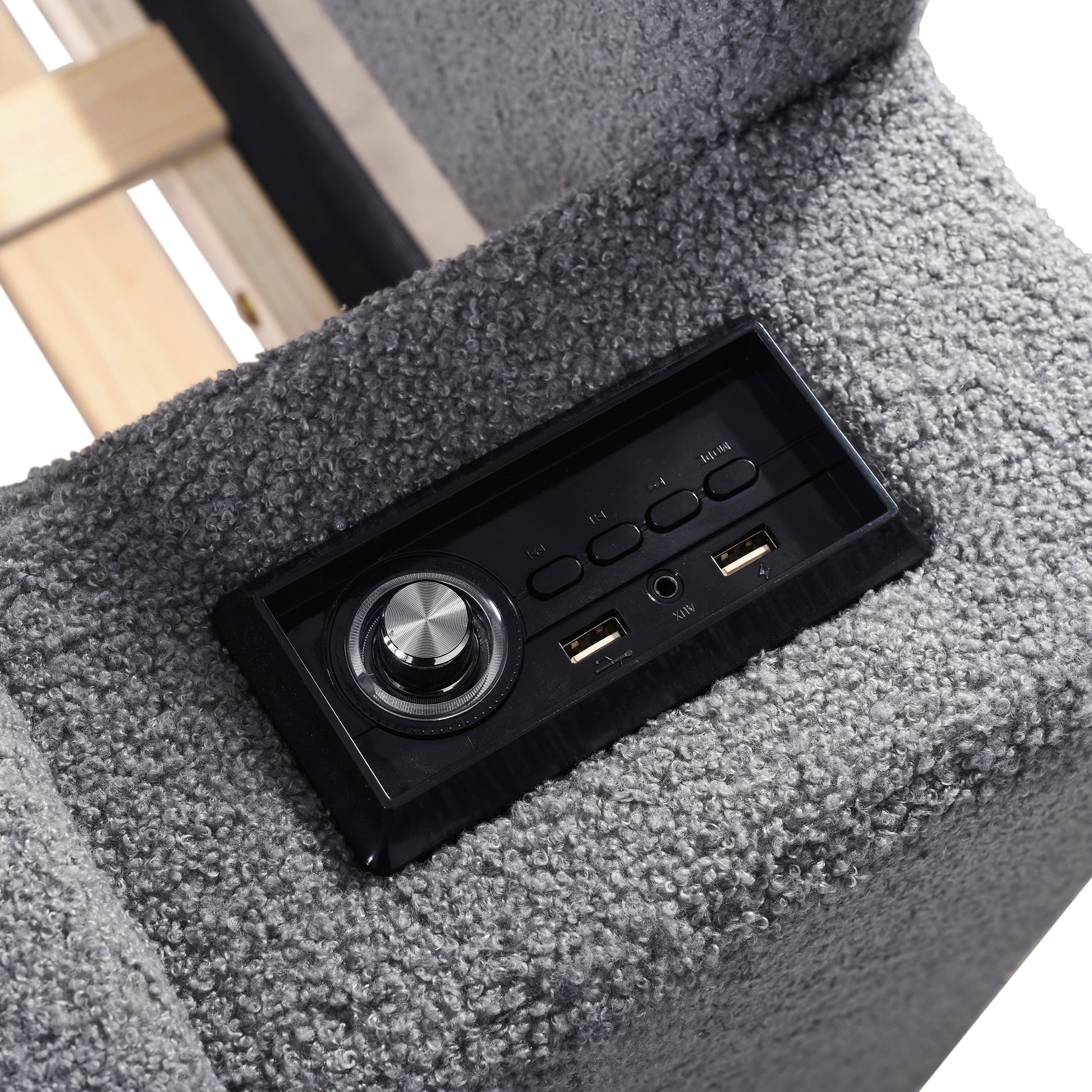 Grey teddy fabric armchair with integrated Bluetooth speaker console