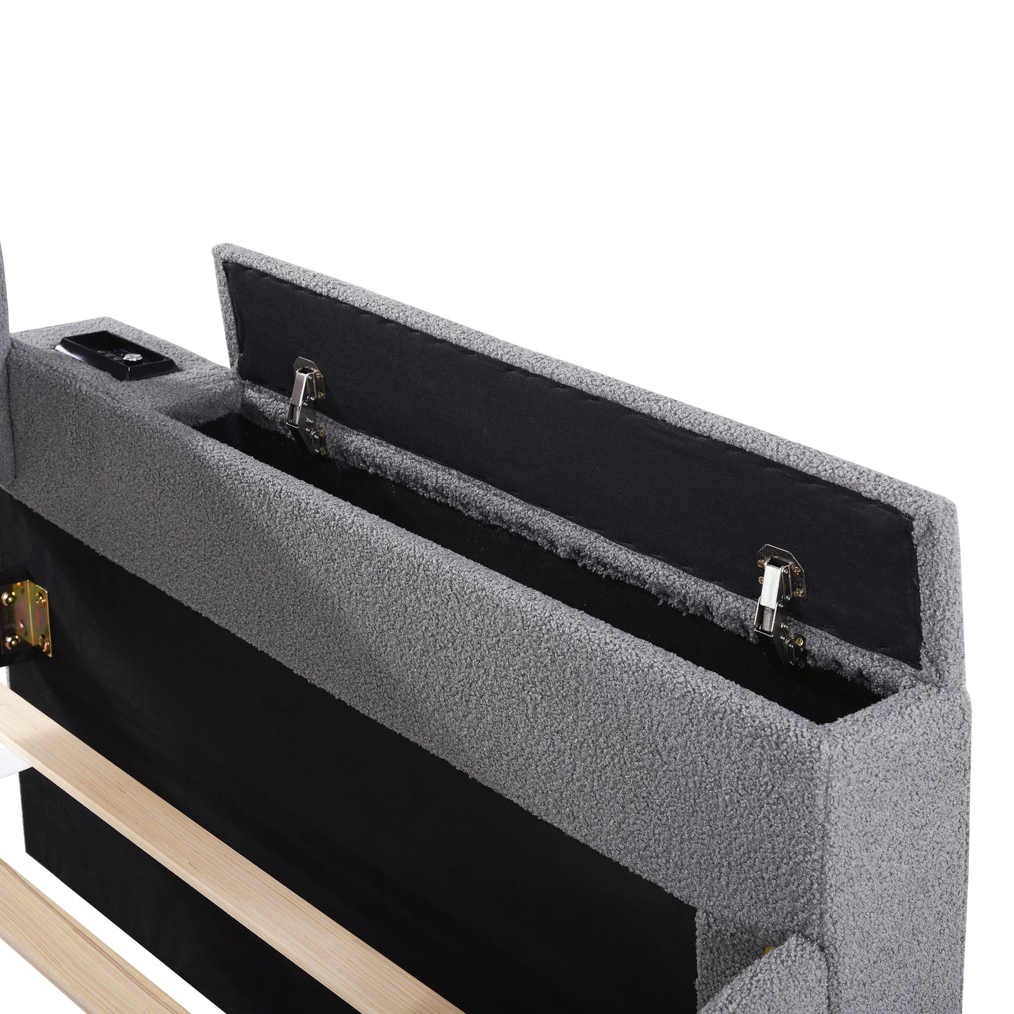 Gray upholstered bed frame with hidden storage compartment