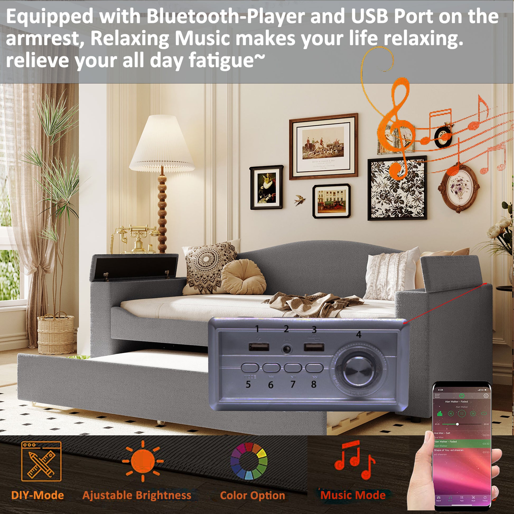 Grey upholstered daybed with pullout trundle and integrated Bluetooth speaker