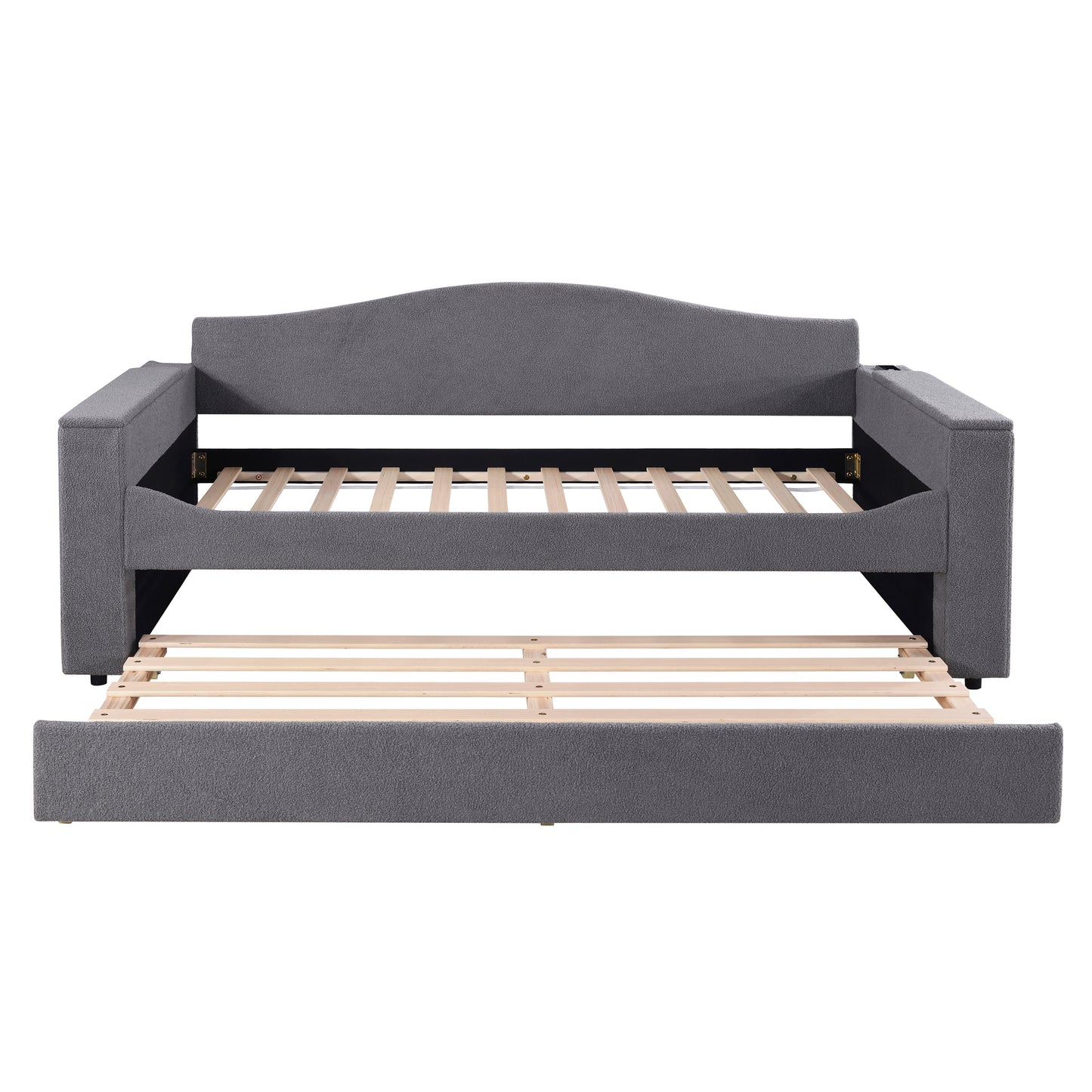Gray upholstered daybed with pullout trundle frame wood slats