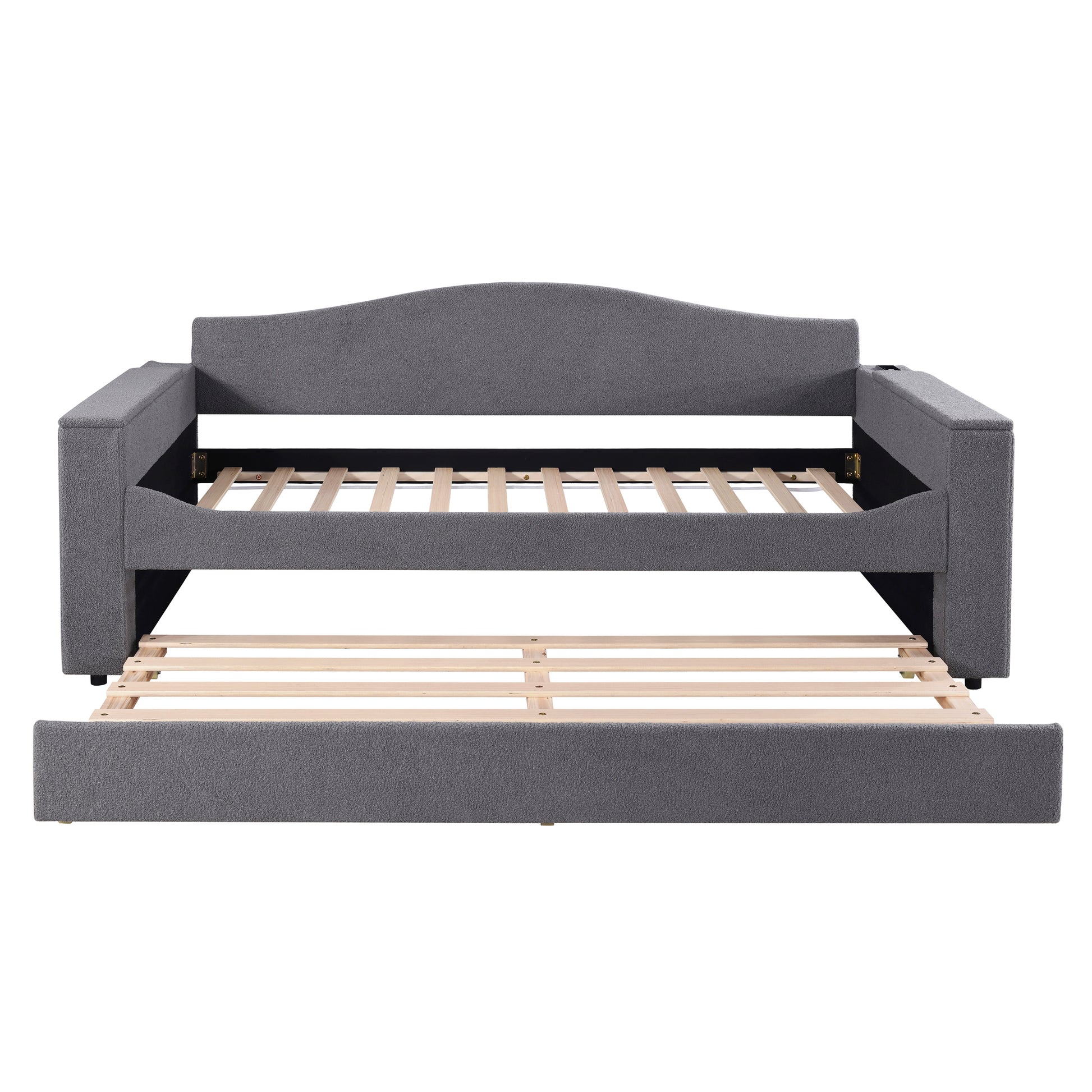 Gray upholstered daybed with pullout trundle frame wood slats