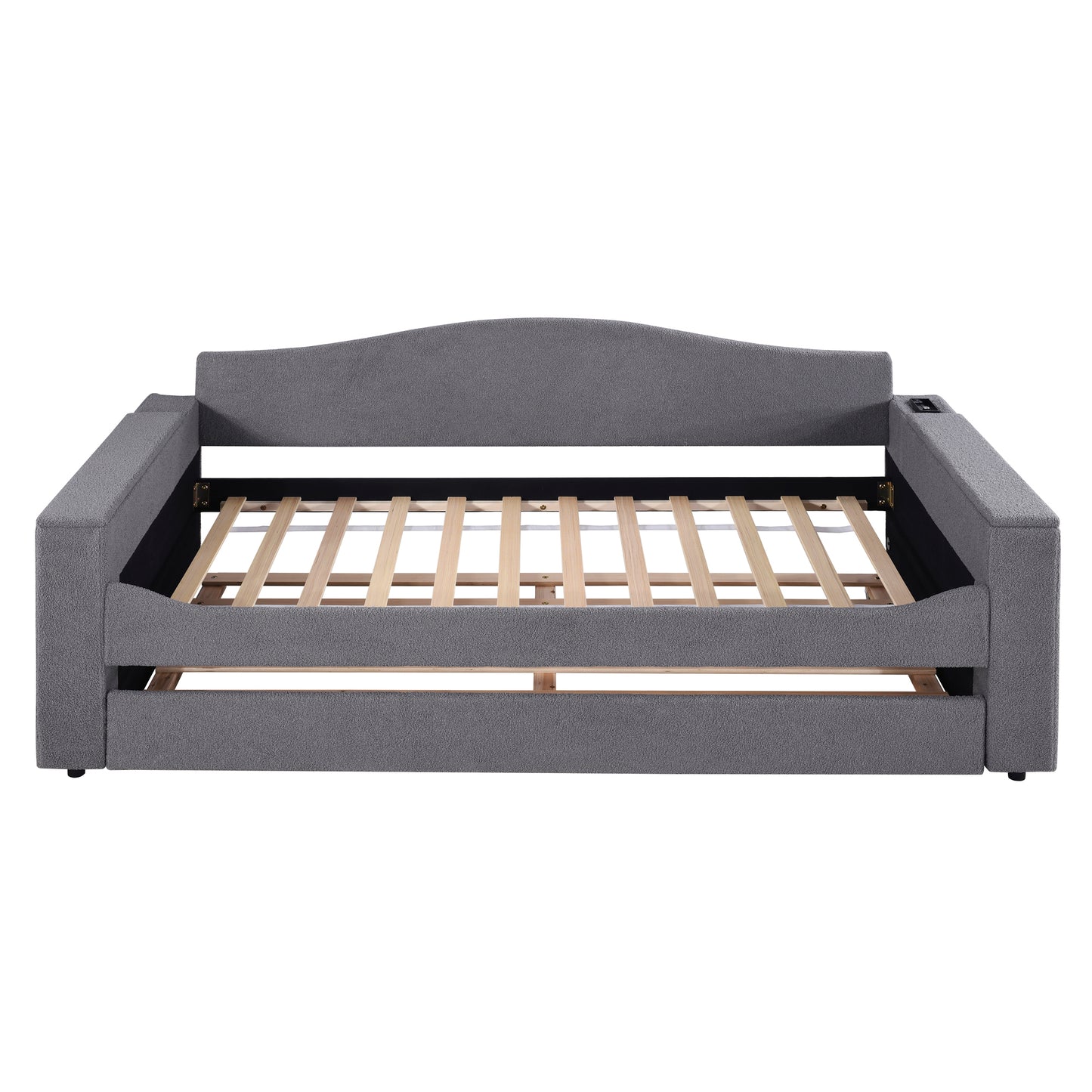 Gray fabric sofa bed with slatted base and builtin USB charger