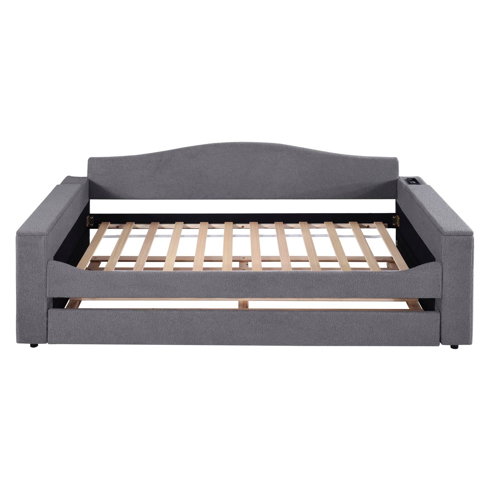 Gray fabric sofa bed with slatted base and builtin USB charger