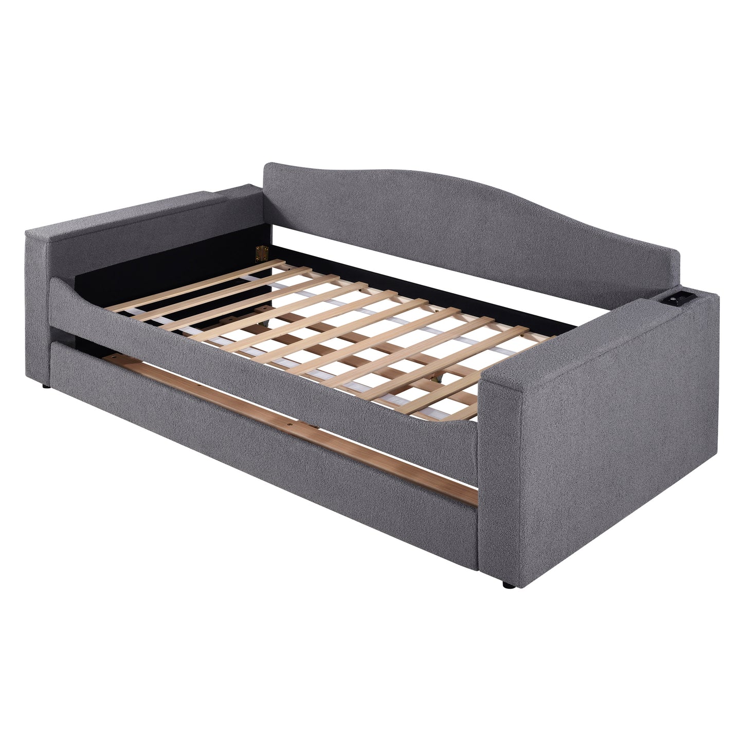 Gray upholstered daybed with pullout trundle and wooden slat support