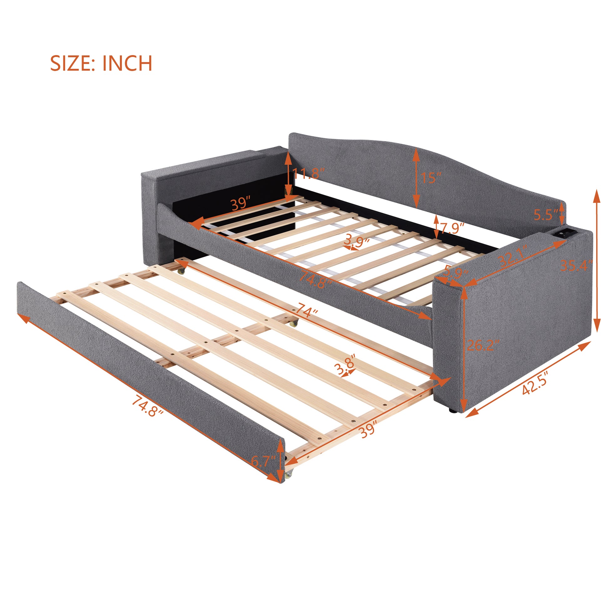 Gray upholstered sofa bed with pullout trundle and dimension labels