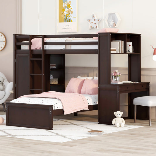 Dark wood loft bed with integrated desk and shelves perfect for kids bedrooms