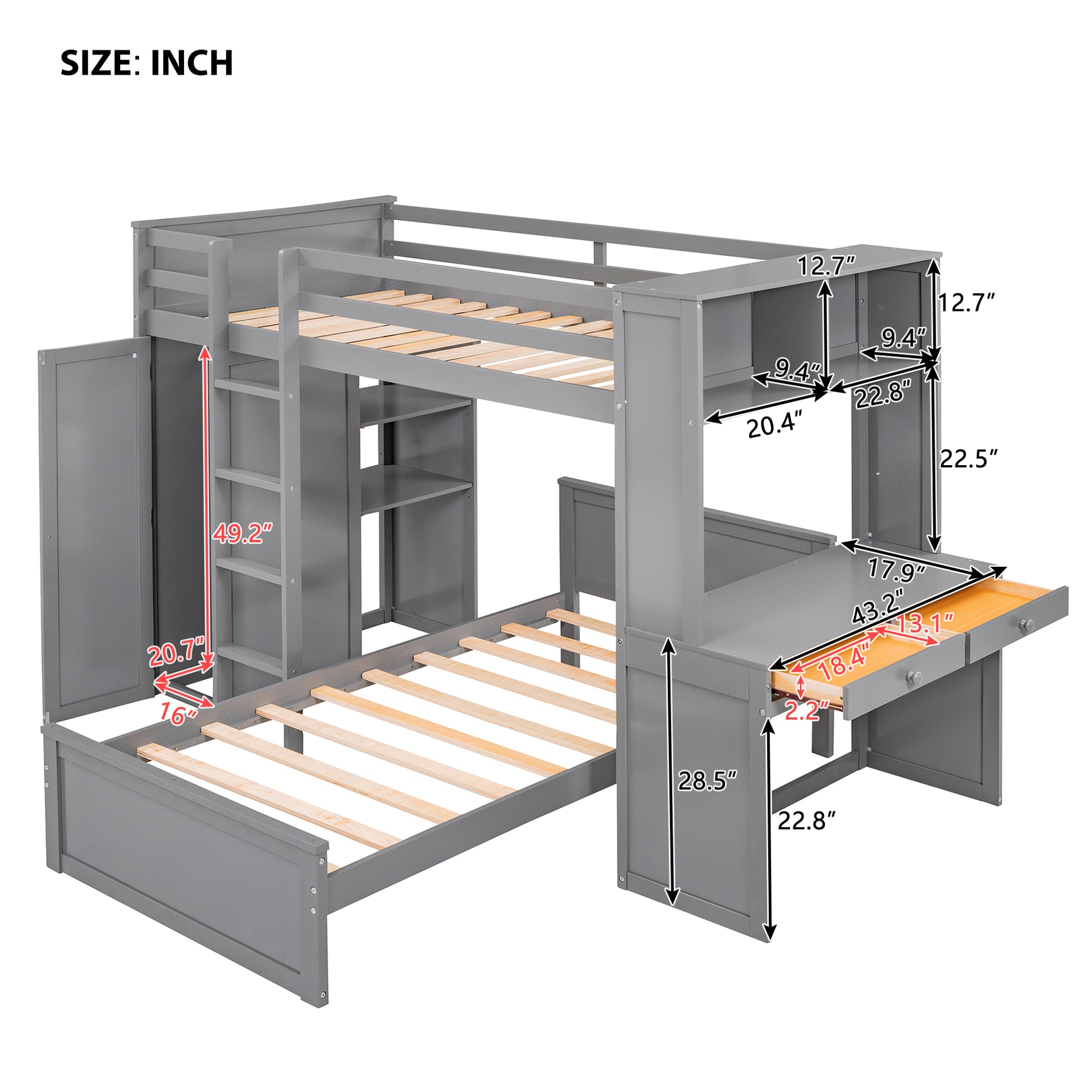 Gray wooden loft bed with desk and builtin storage perfect for kids rooms