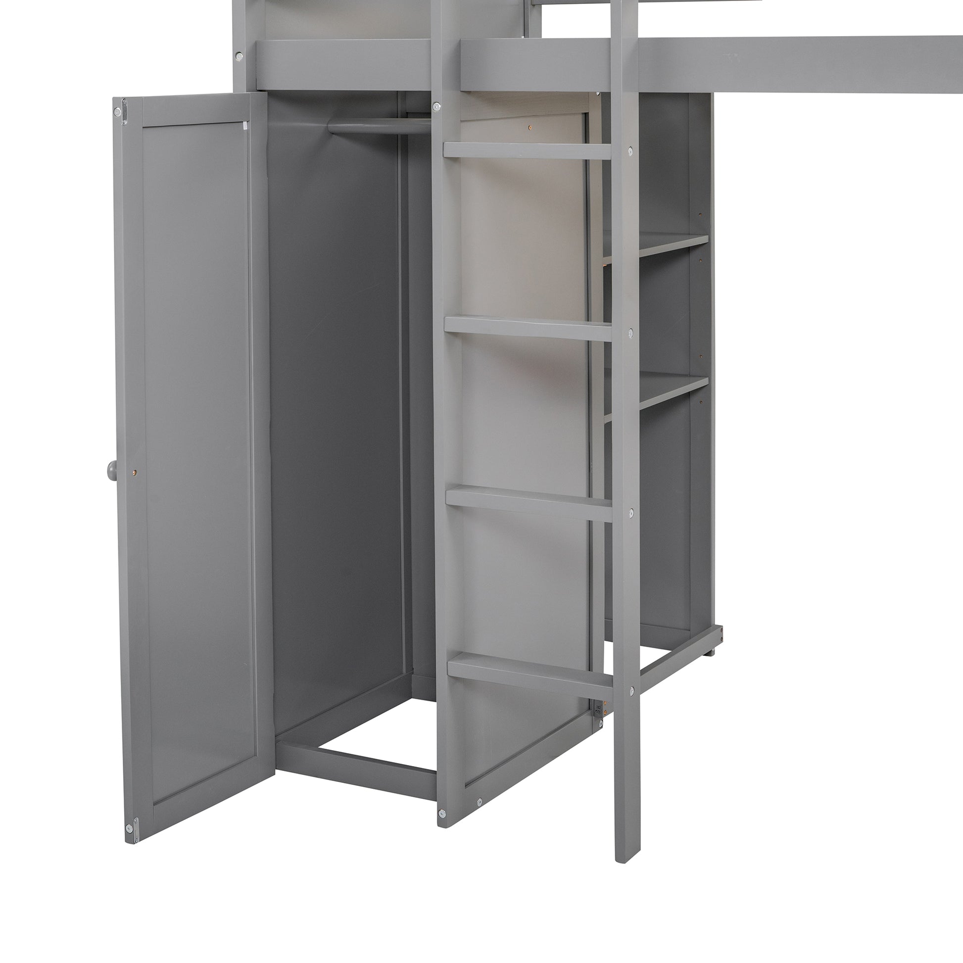 Gray wooden loft bed with open closet and builtin shelves