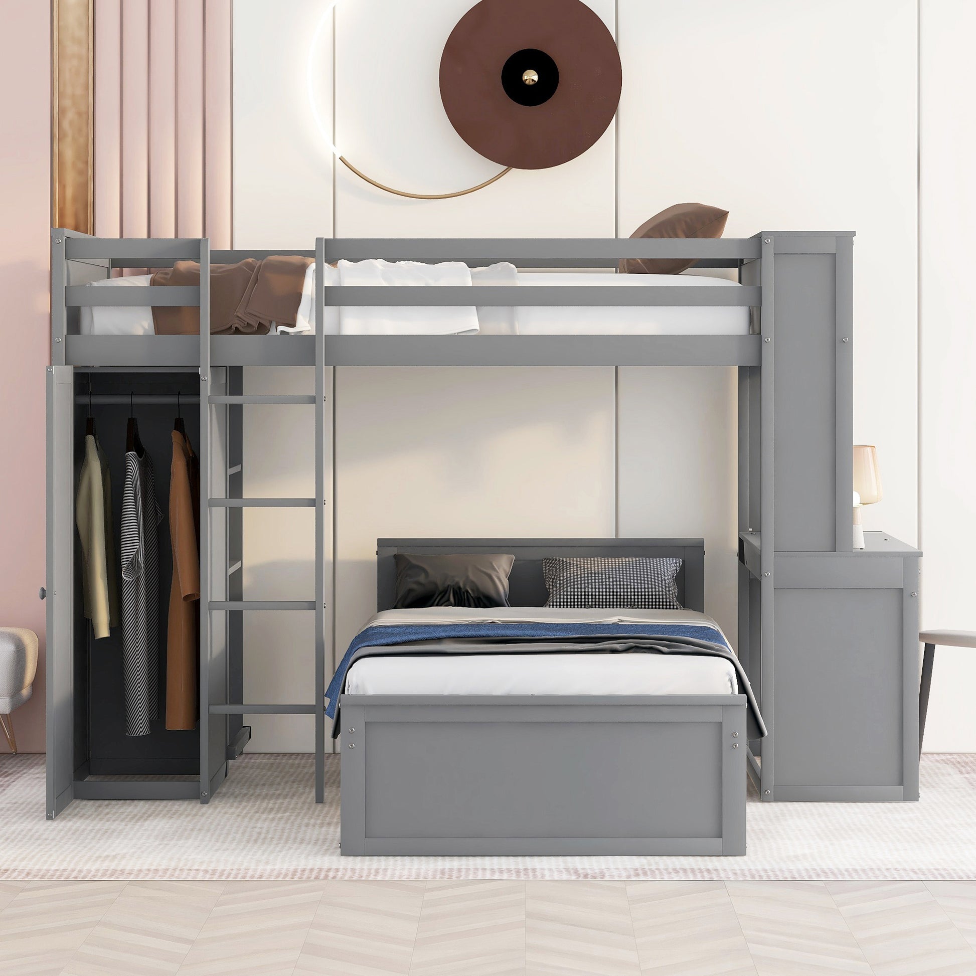 Gray wooden loft bed with builtin wardrobe and desk for kids room