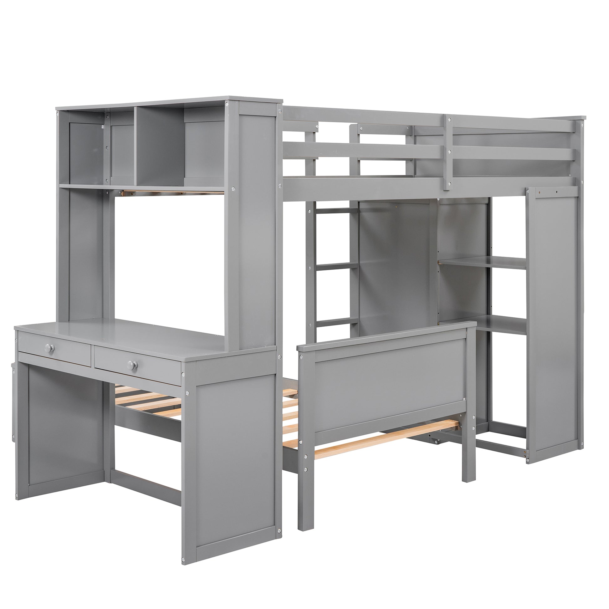 Gray loft bed with desk and shelves ideal for small rooms