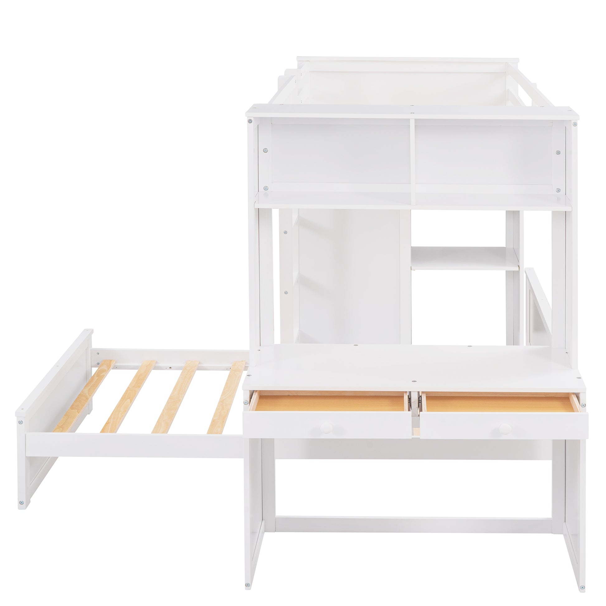 White wood loft bed with integrated desk and drawers for kids