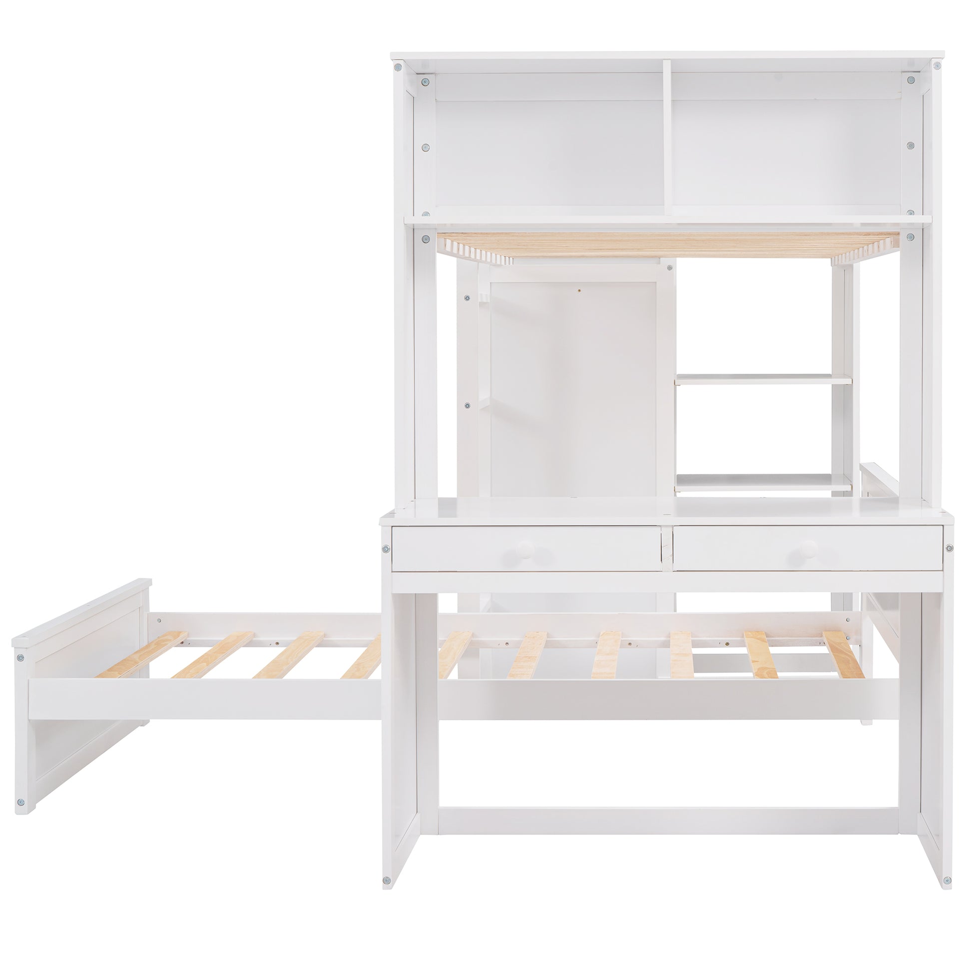 White wooden loft bed with desk and pullout trundle perfect for kids rooms