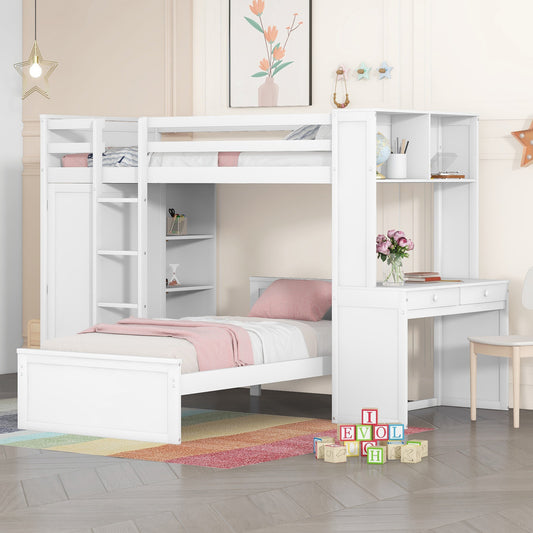 White twin over twin loft bed with integrated desk and storage for kids room