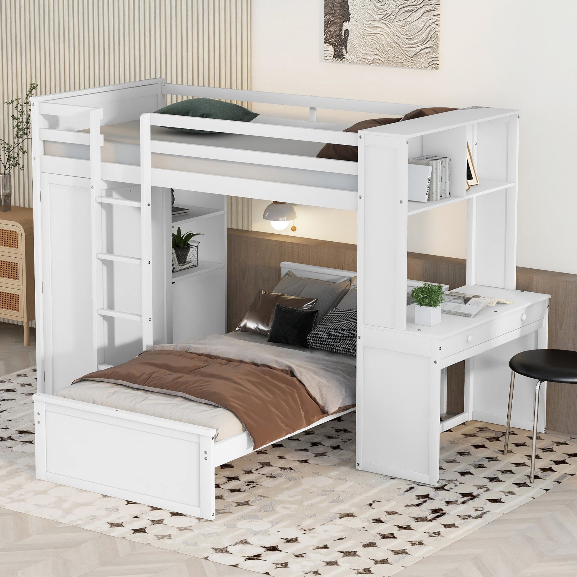 White wood loft bed with integrated desk and storage shelves perfect for small bedrooms