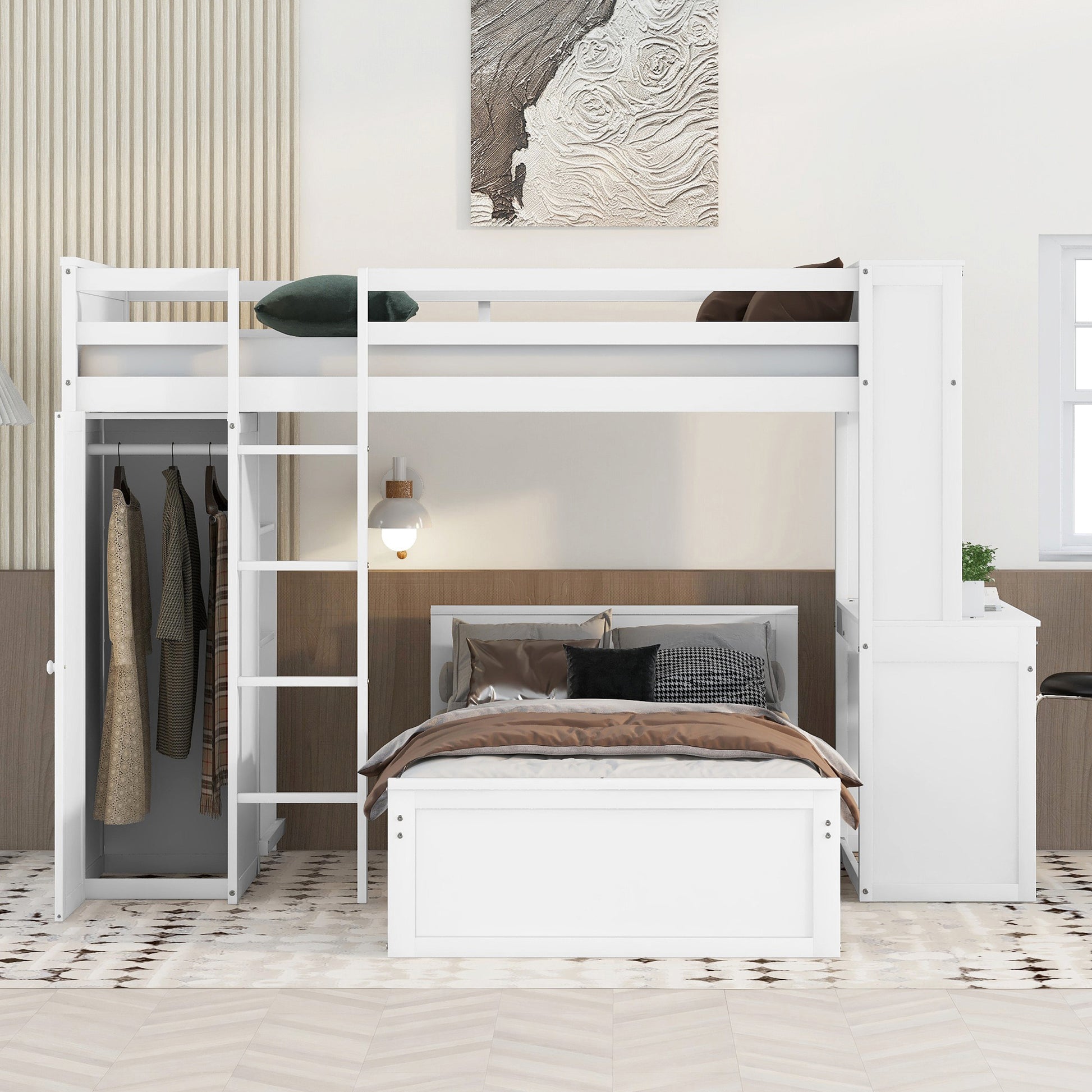 White wooden loft bed with integrated wardrobe and desk for kids room