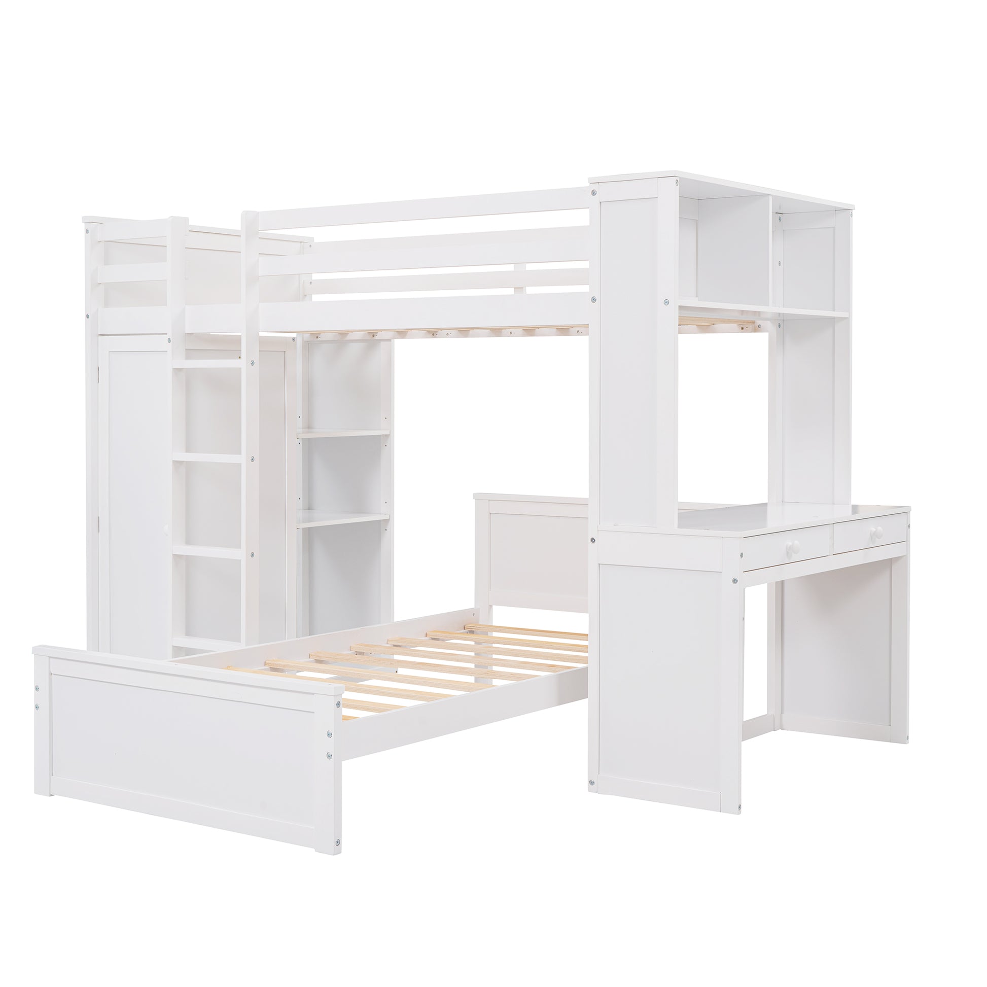 White wooden loft bed with desk and storage unit
