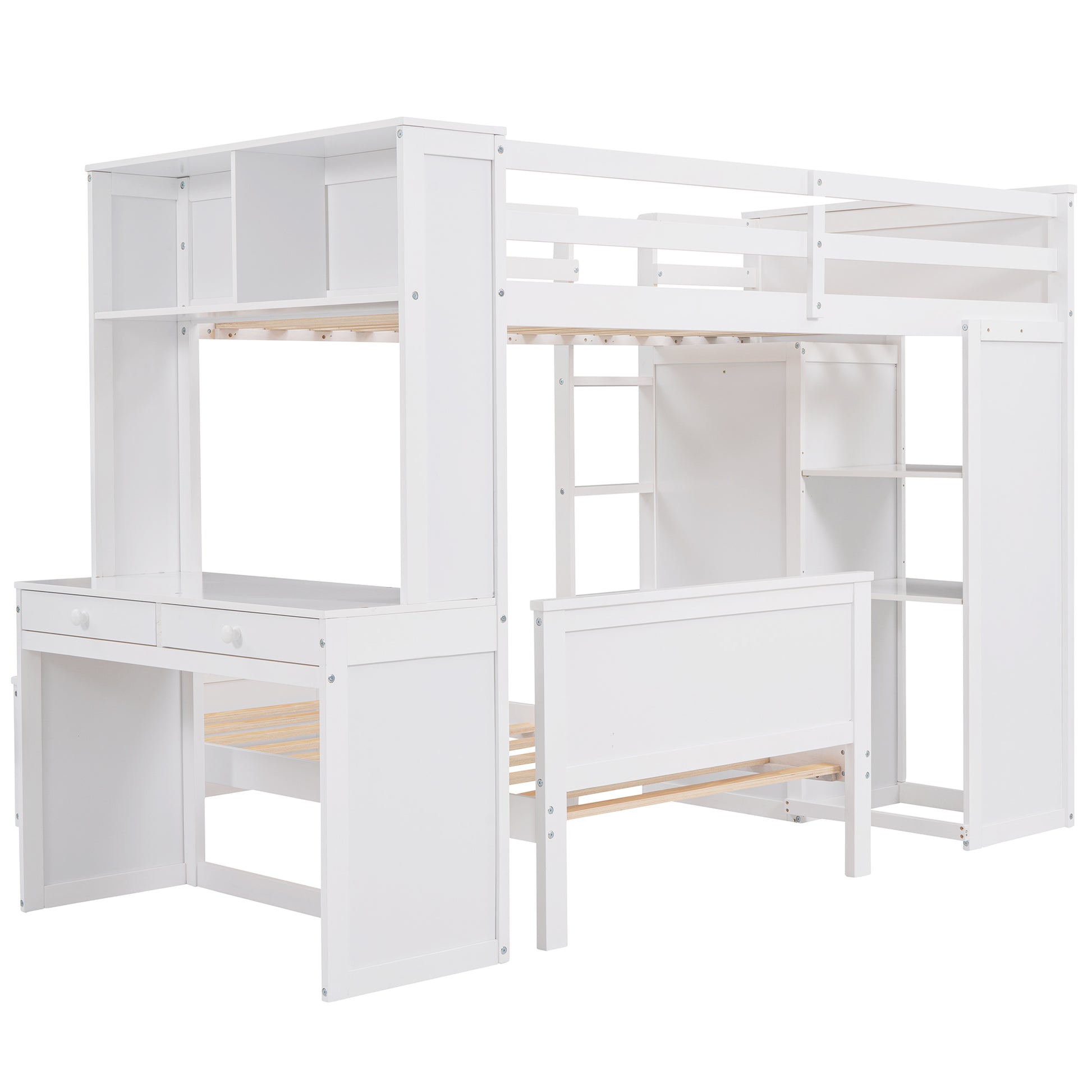 White wooden loft bed with integrated desk shelves and storage drawers