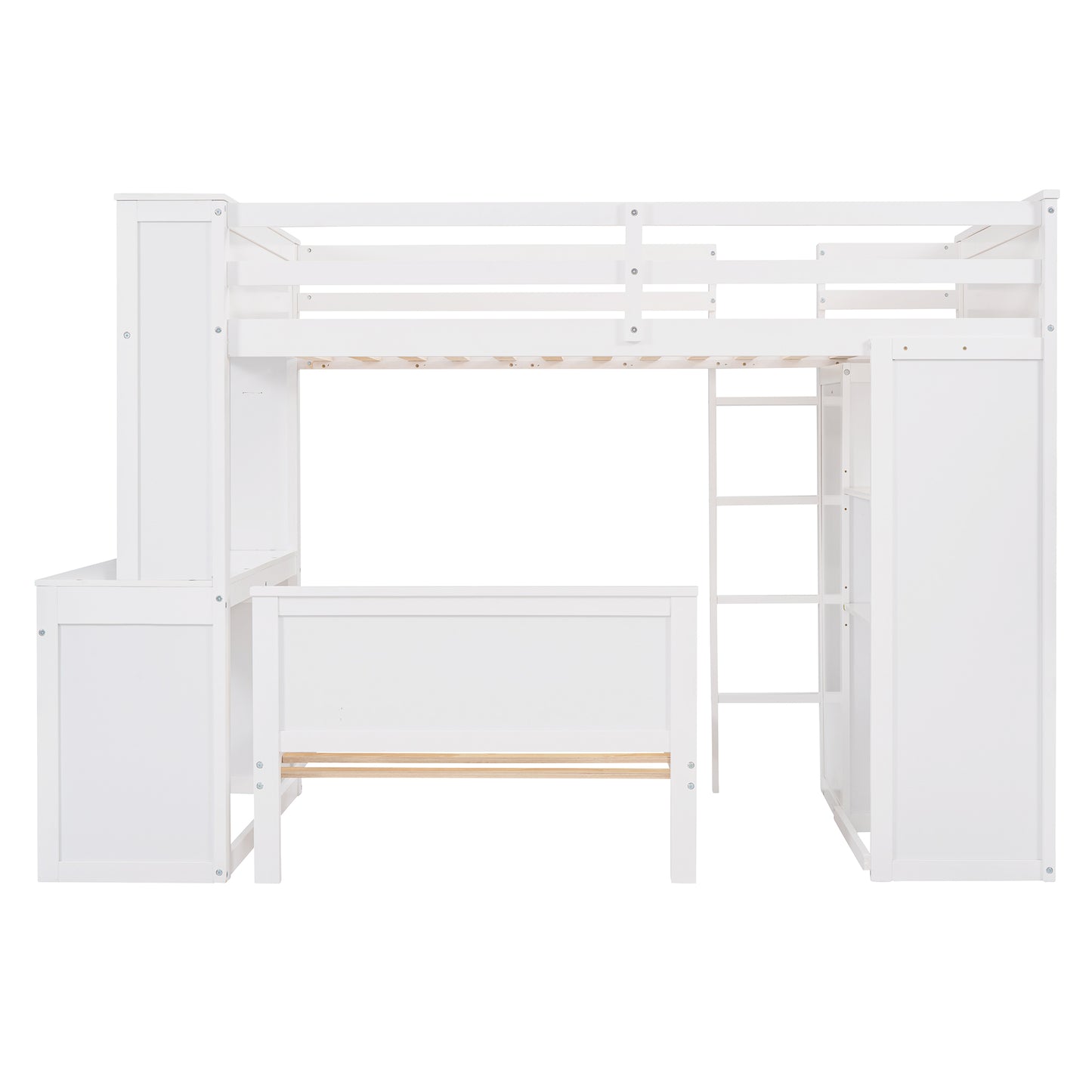 White wooden loft bed with integrated desk and storage closet modern design