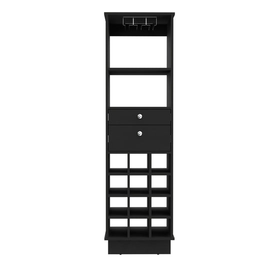 Black narrow wine cabinet with glass rack and  bottle cubbies