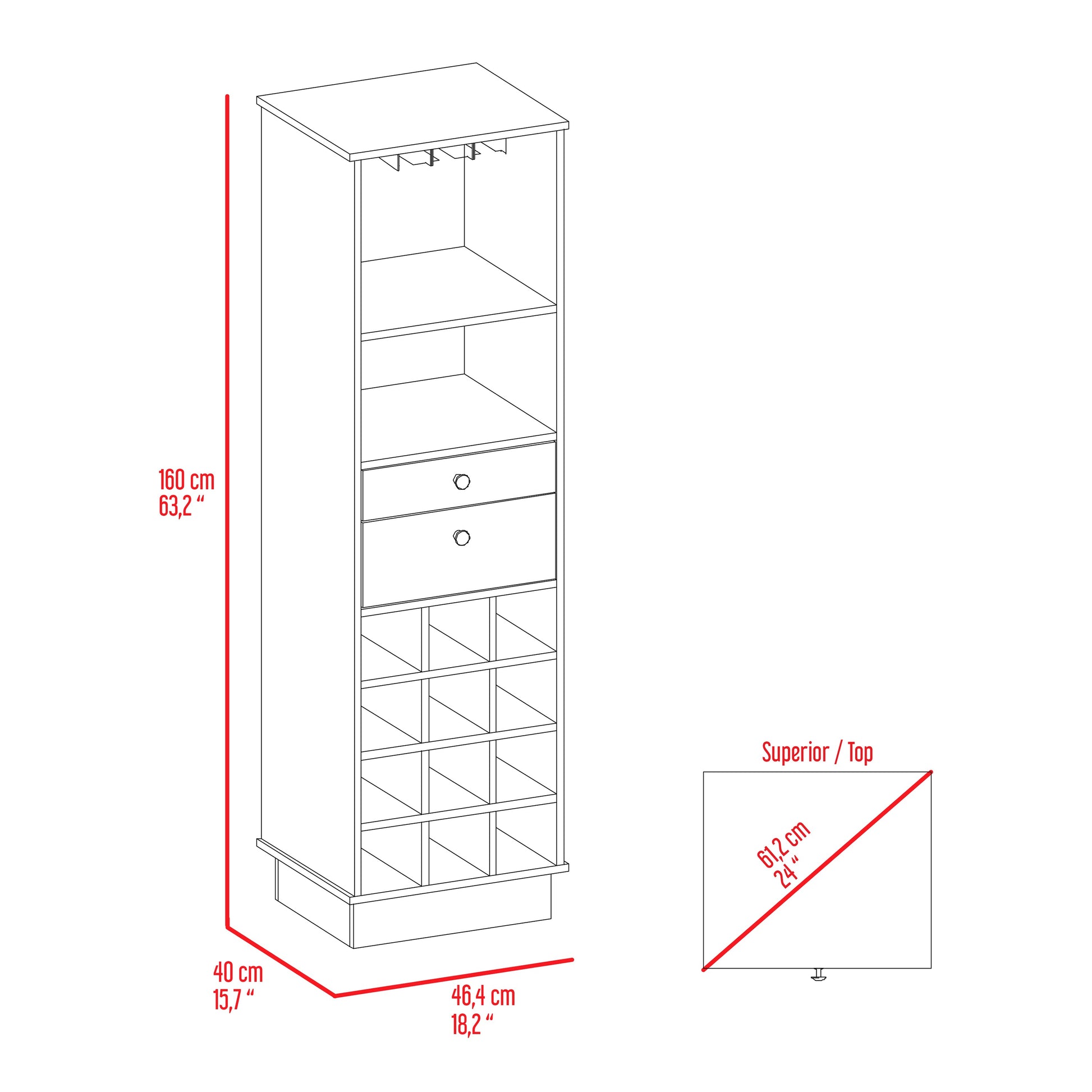 Tall wine cabinet with  bottle cubbies and two drawers