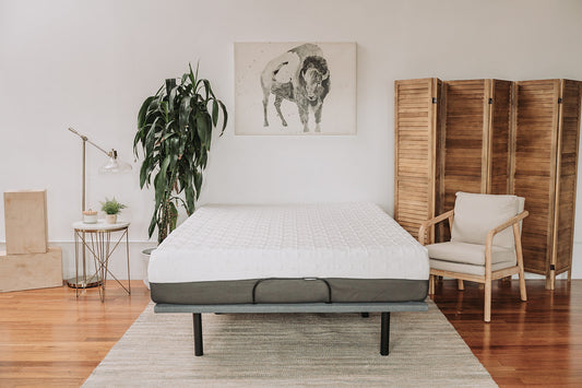 Queen size adjustable base mattress with quilted white top and gray sides