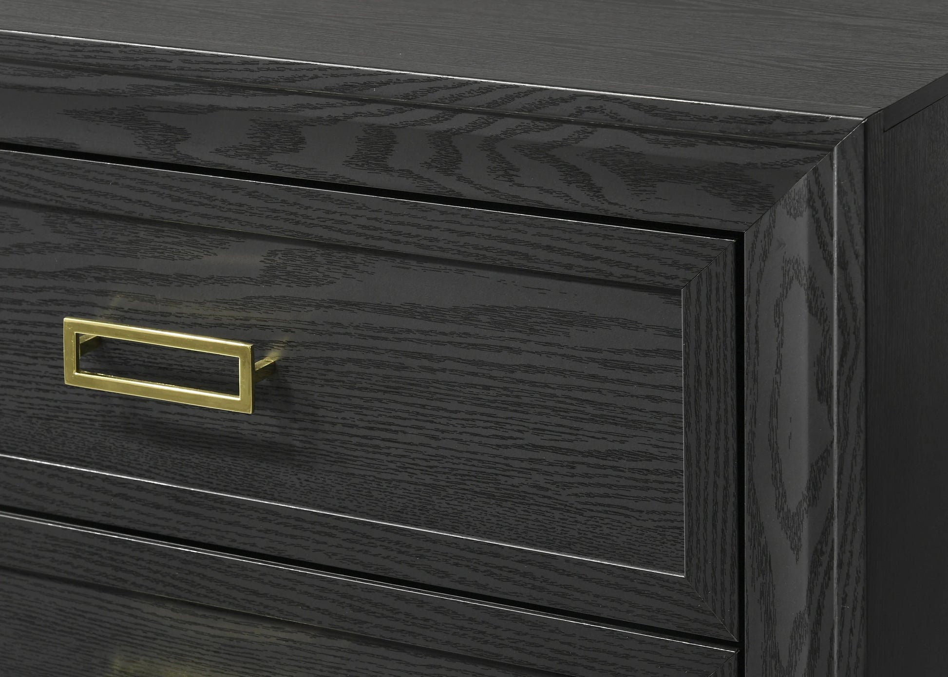 Dark gray oak dresser with brass rectangle handle