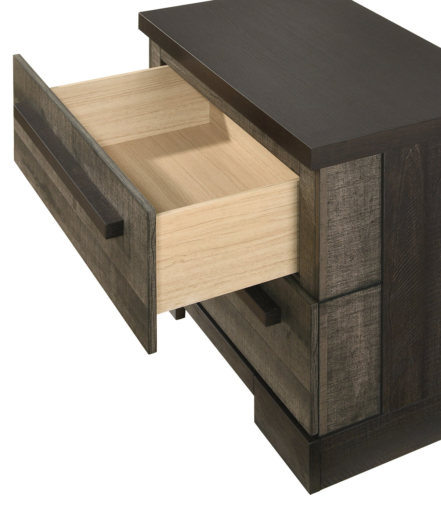 Dark wood dresser with one open drawer showing light wood interior