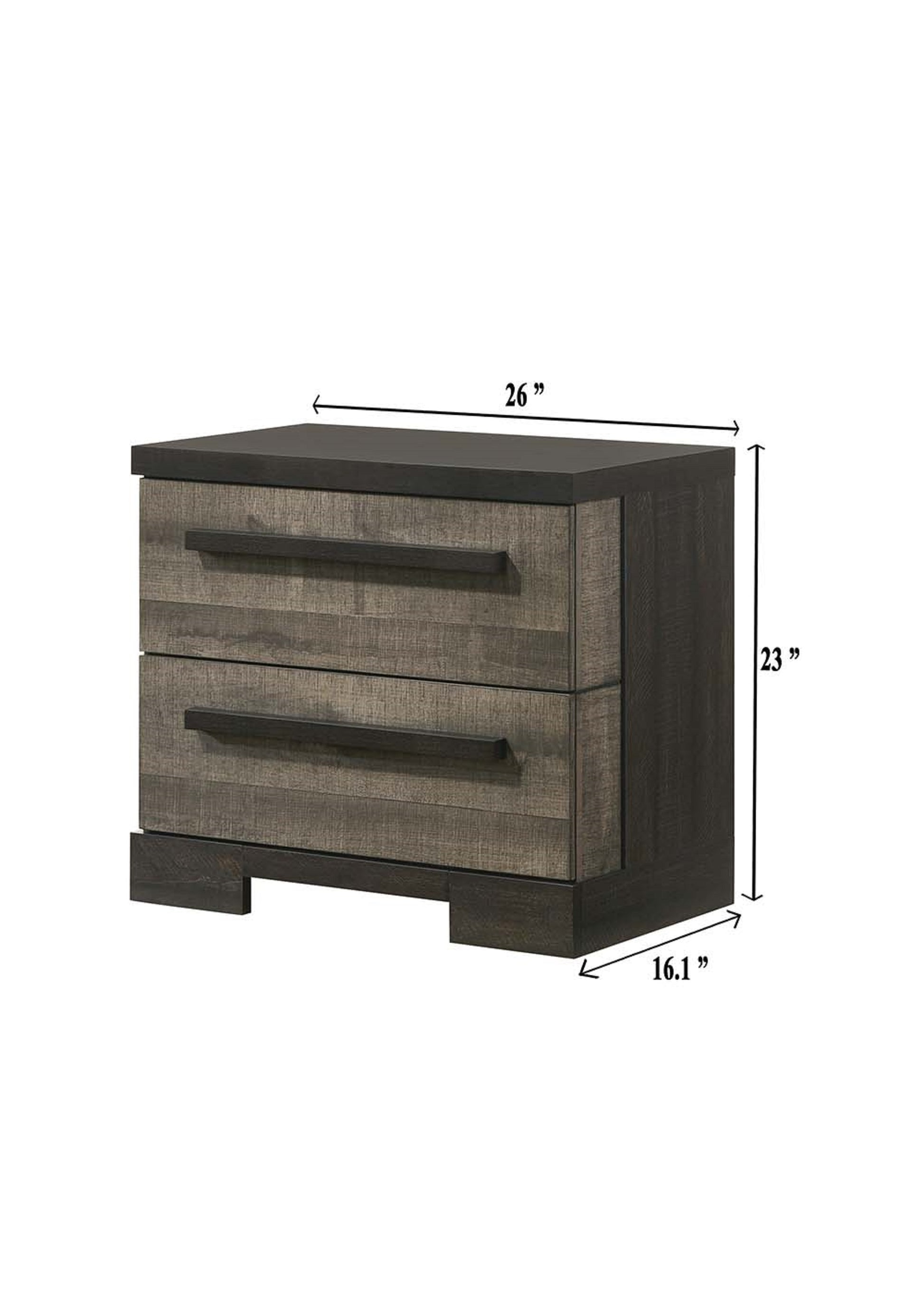 Rustic twodrawer nightstand with dark grey wood grain finish and black bar pull handles
