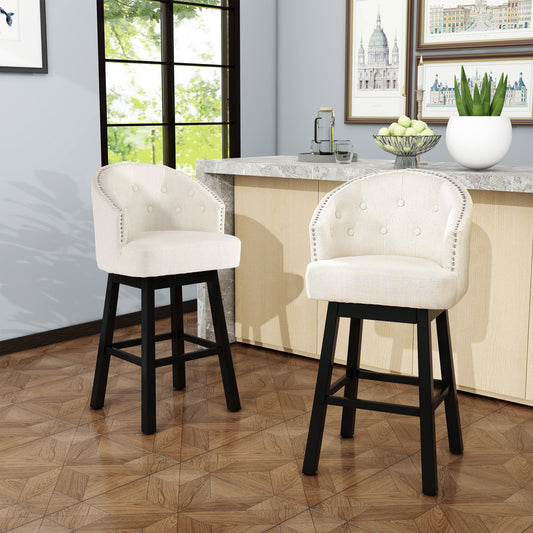 TREATLIFE HOME Set of 2 Swivel Barstools with Soft Cushion and Nailhead Trim, Rubberwood Frame, Beige Upholstery