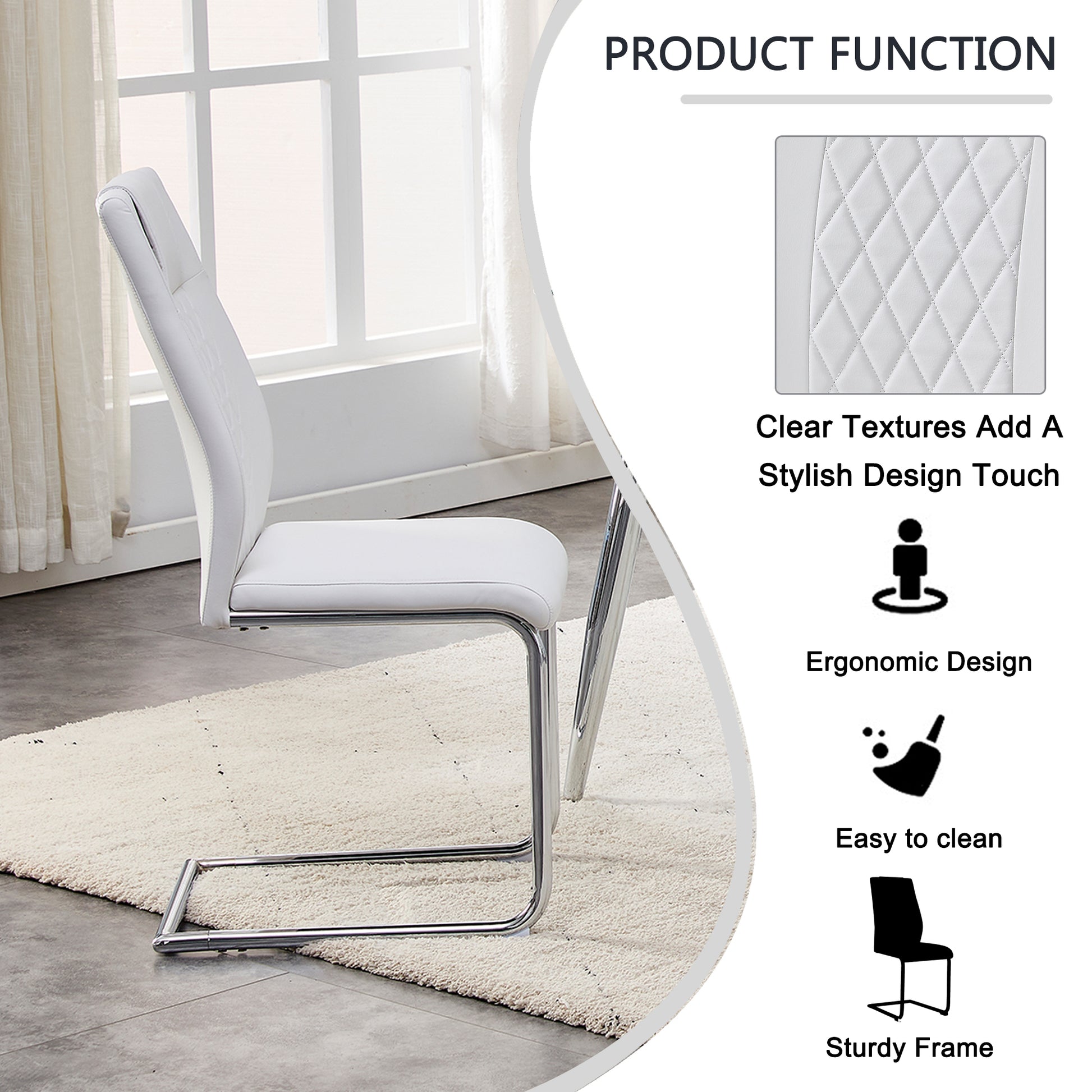White faux leather dining chair with diamond stitching and chrome cantilever base