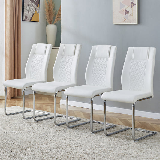 White faux leather dining chairs with diamond stitching