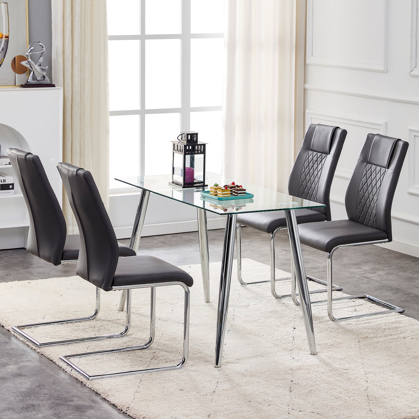 Modern grey faux leather dining chair with chrome sled base