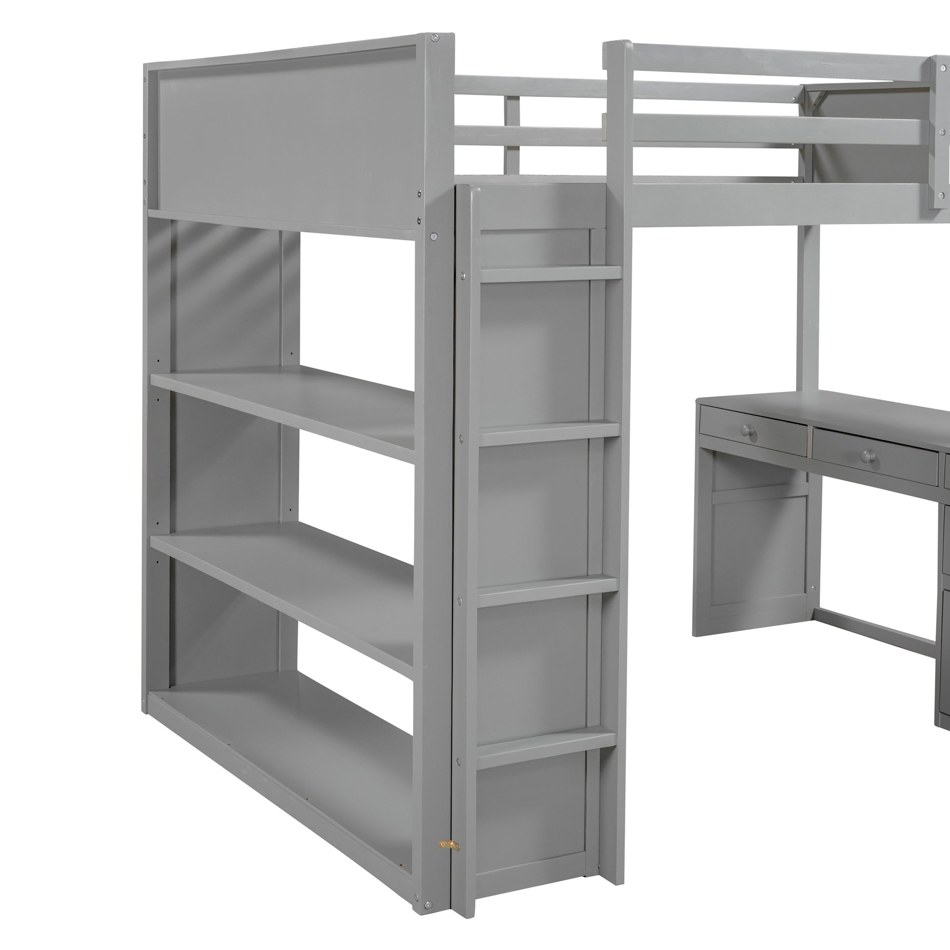 Gray loft bed with integrated shelving unit and a double drawer desk below