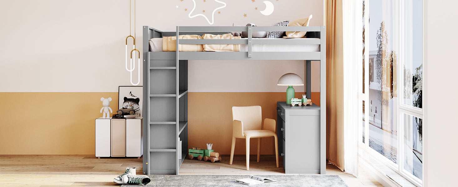 Gray loft bed with integrated desk and shelving for kids room