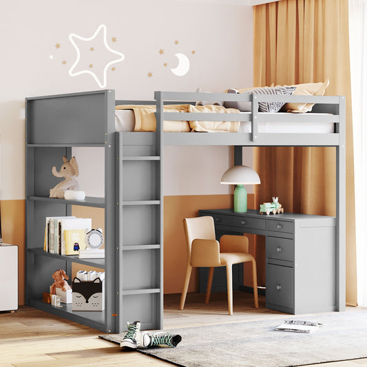 Grey wooden loft bed with integrated desk and shelves perfect for kids rooms