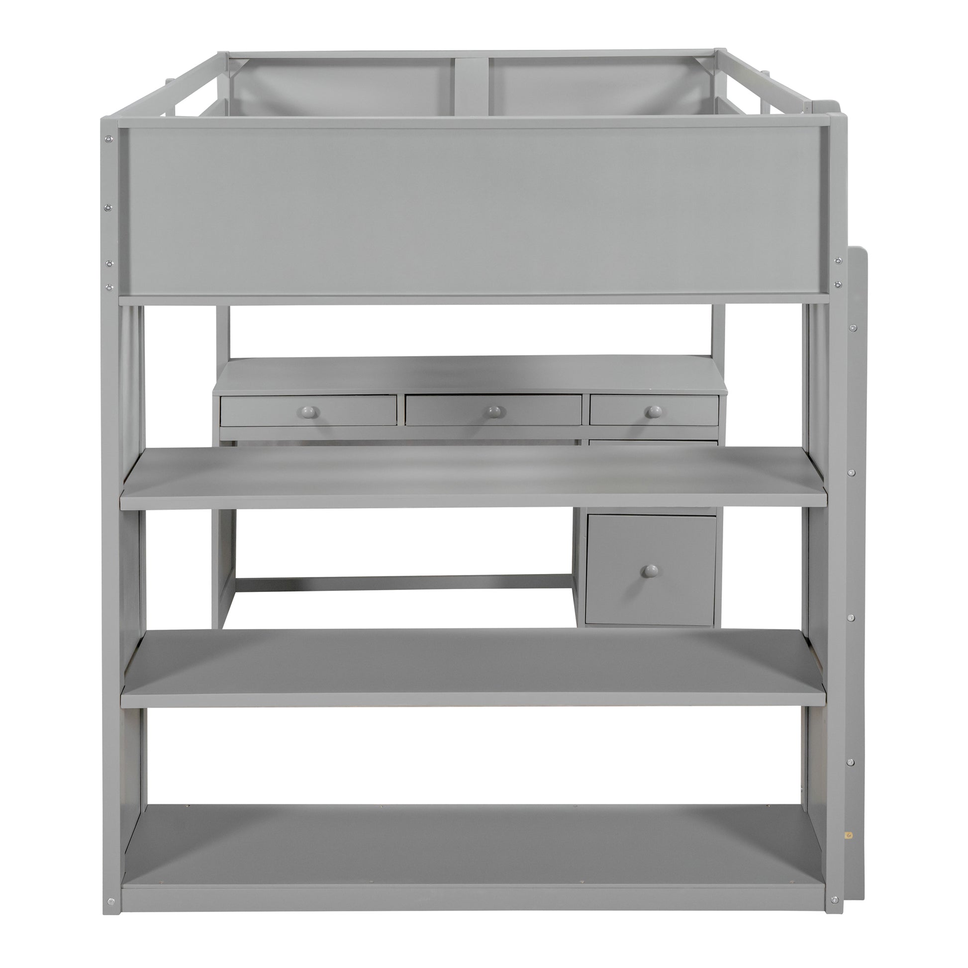 Gray metal loft bed with integrated desk and shelving unit for functional bedroom storage