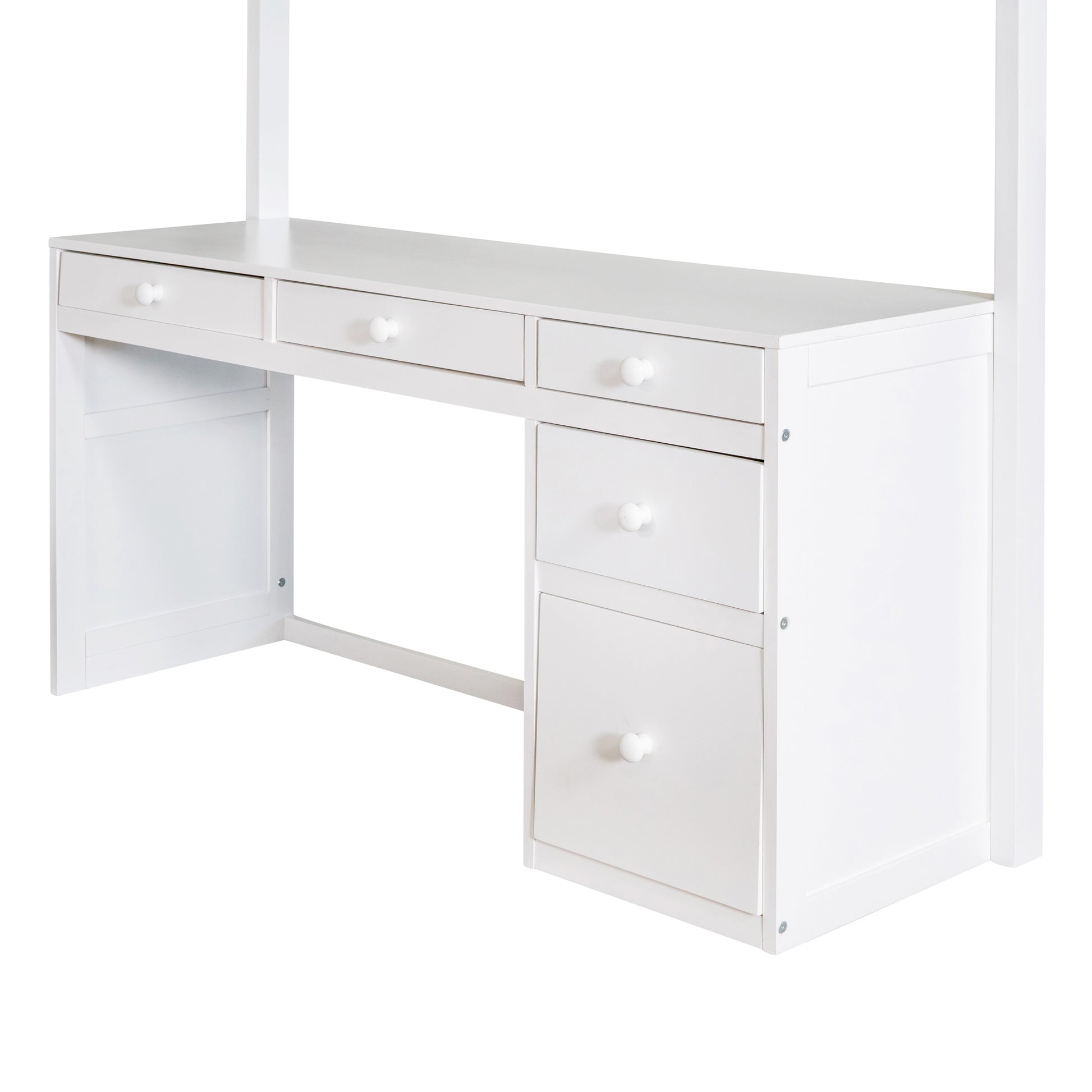 White wooden writing desk with five drawers and brushed nickel hardware ideal for home office
