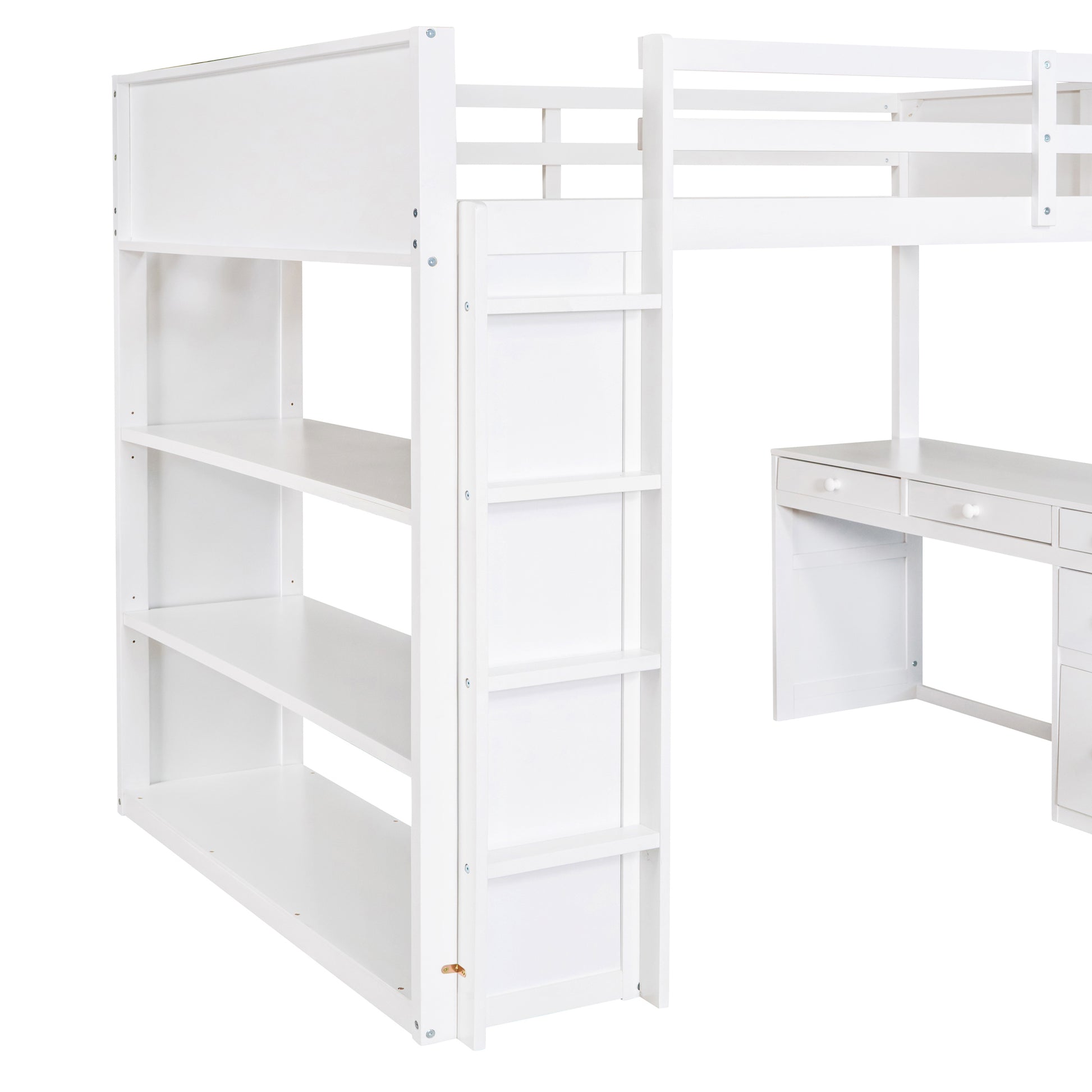 White loft bed with integrated bookshelf and desk drawers