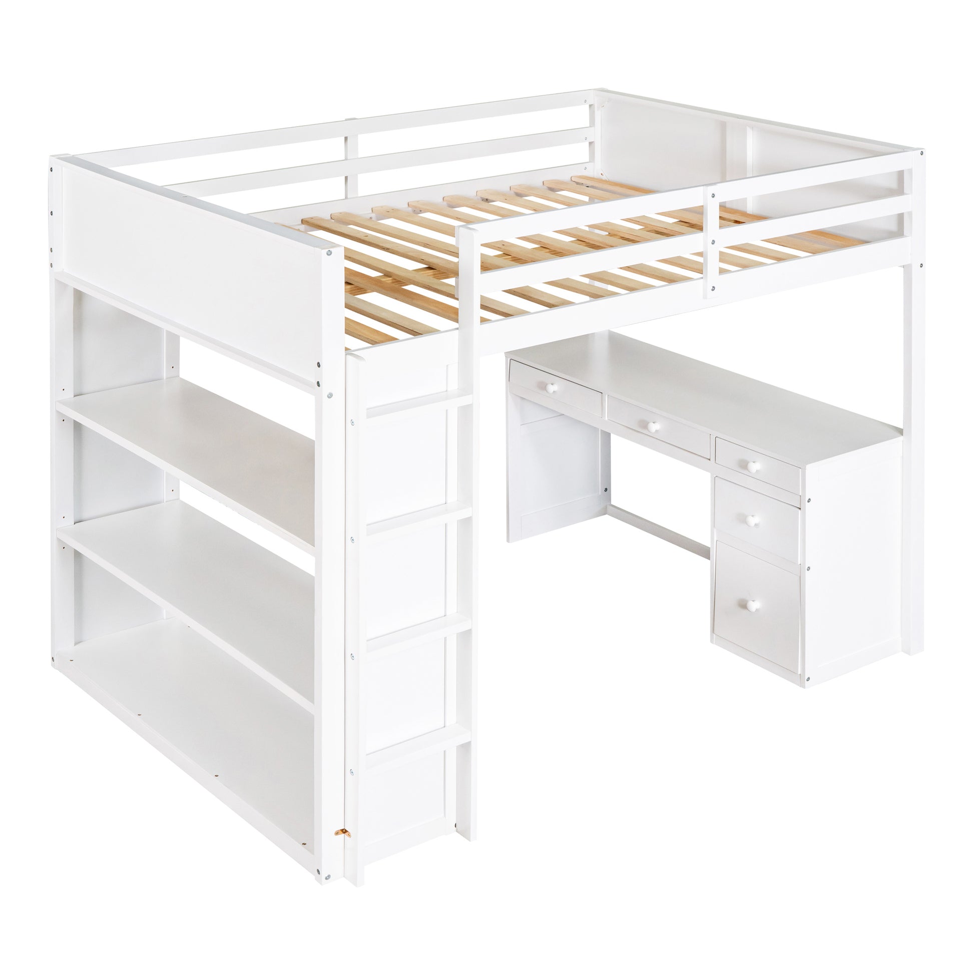 White wooden loft bed with desk and bookshelf for kids rooms