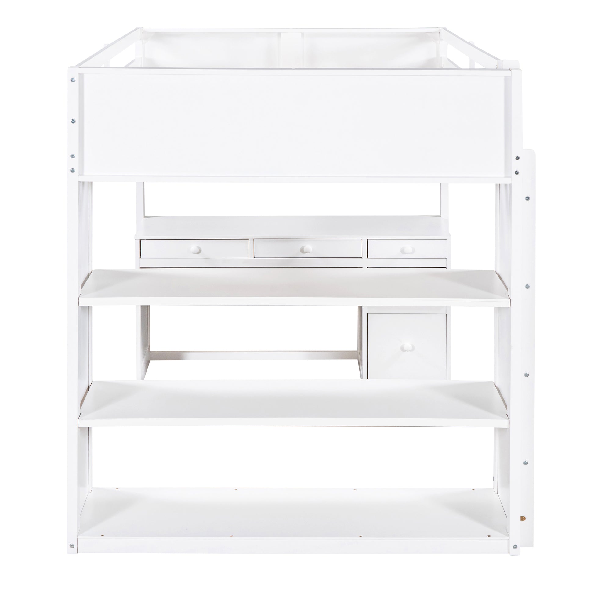White loft bed with integrated desk and three shelves for kids