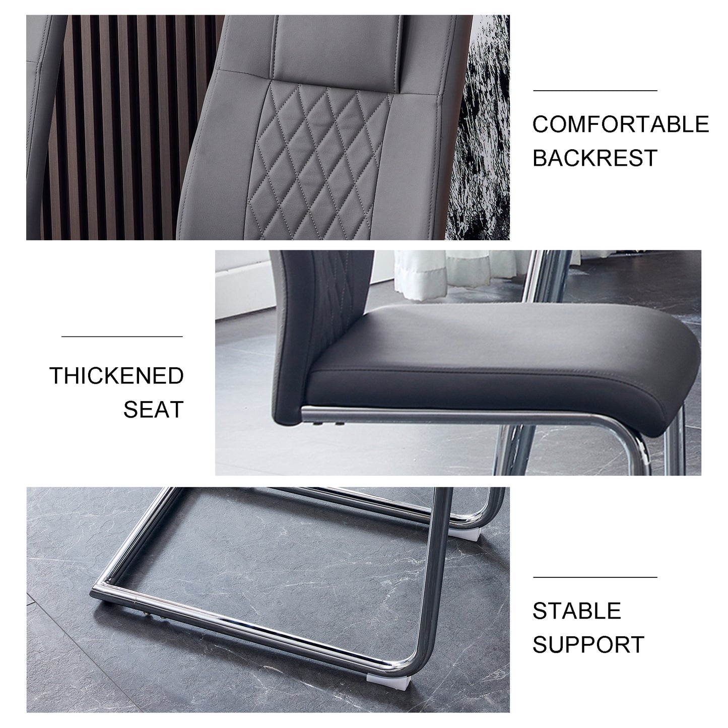 Gray faux leather dining chair with diamondstitched comfortable backrest detail